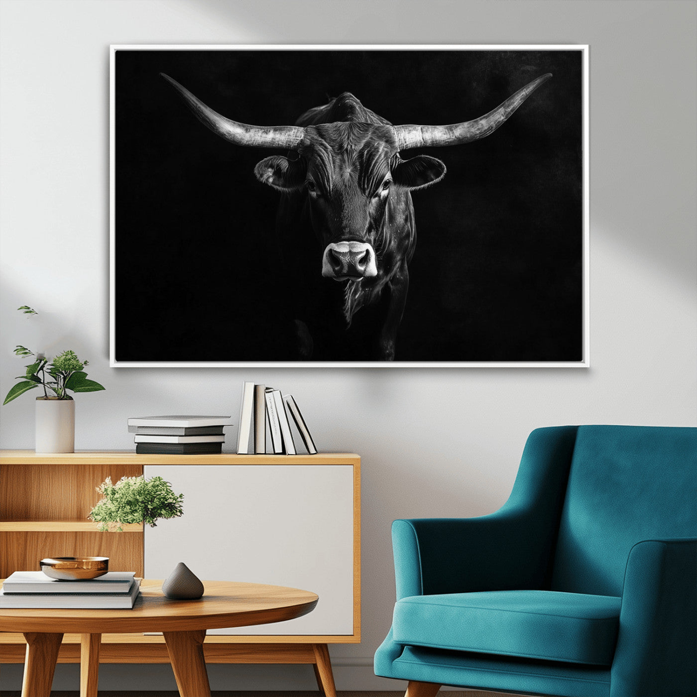 42077175-MGV-CV-36X24-Texas Longhorn Wall Art Canvas Print, Framed Monochrome Bull Art Picture Print, Horned Bull Perfect Rustic Western Decor Artwork