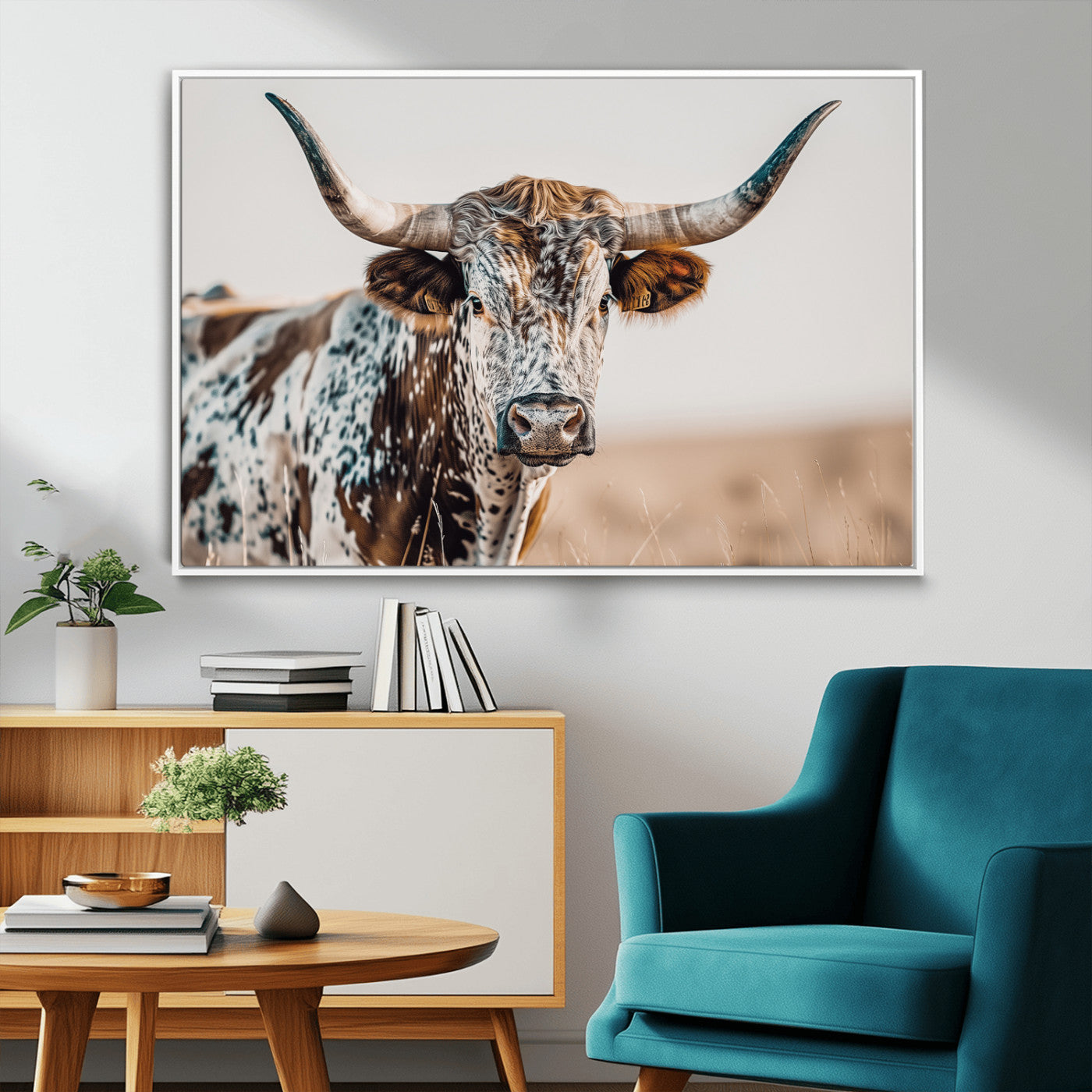 70414966-MGV-FC-36X24_White-Texas Longhorn Wall Art Canvas Print, Framed Speckled Cow Art Picture Print, Horned Bull Perfect Rustic Western Decor Artwork