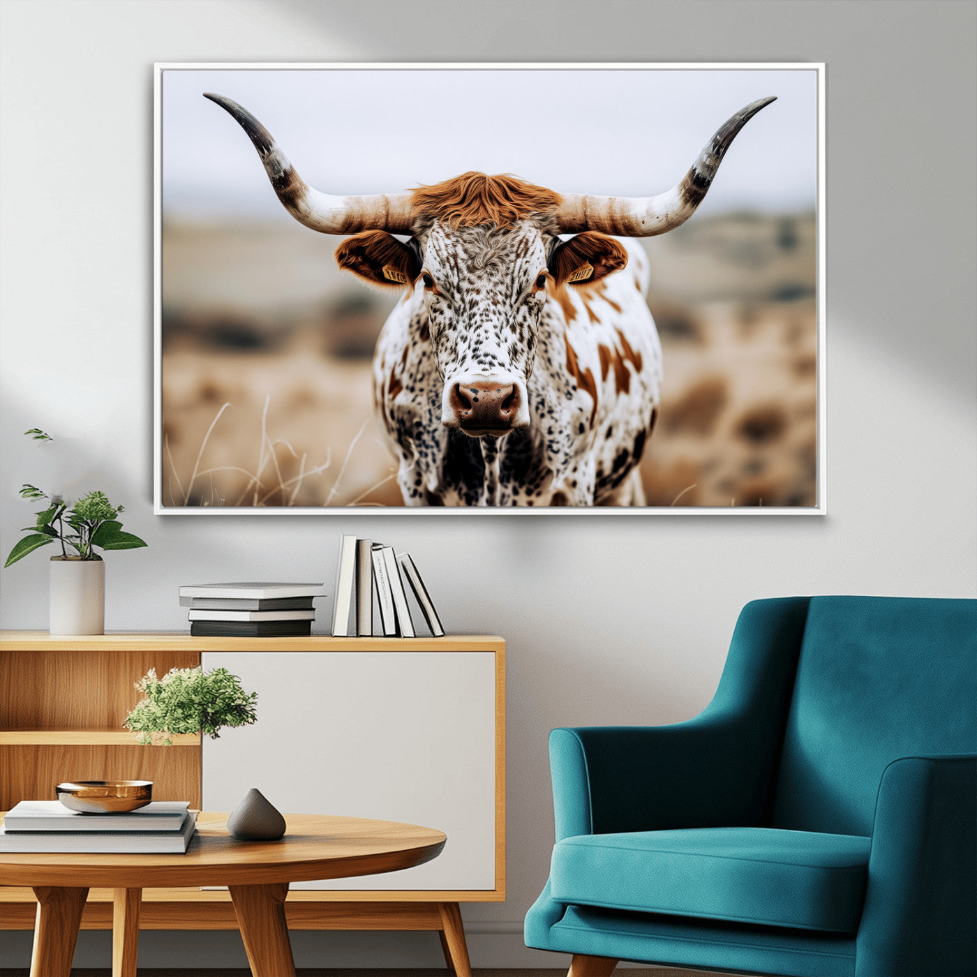 76294381-MGV-CV-36X24-Texas Longhorn Wall Art Canvas Print, Framed Spotted Cow Art Picture Print, Horned Cattle Perfect Rustic Western Decor Artwork