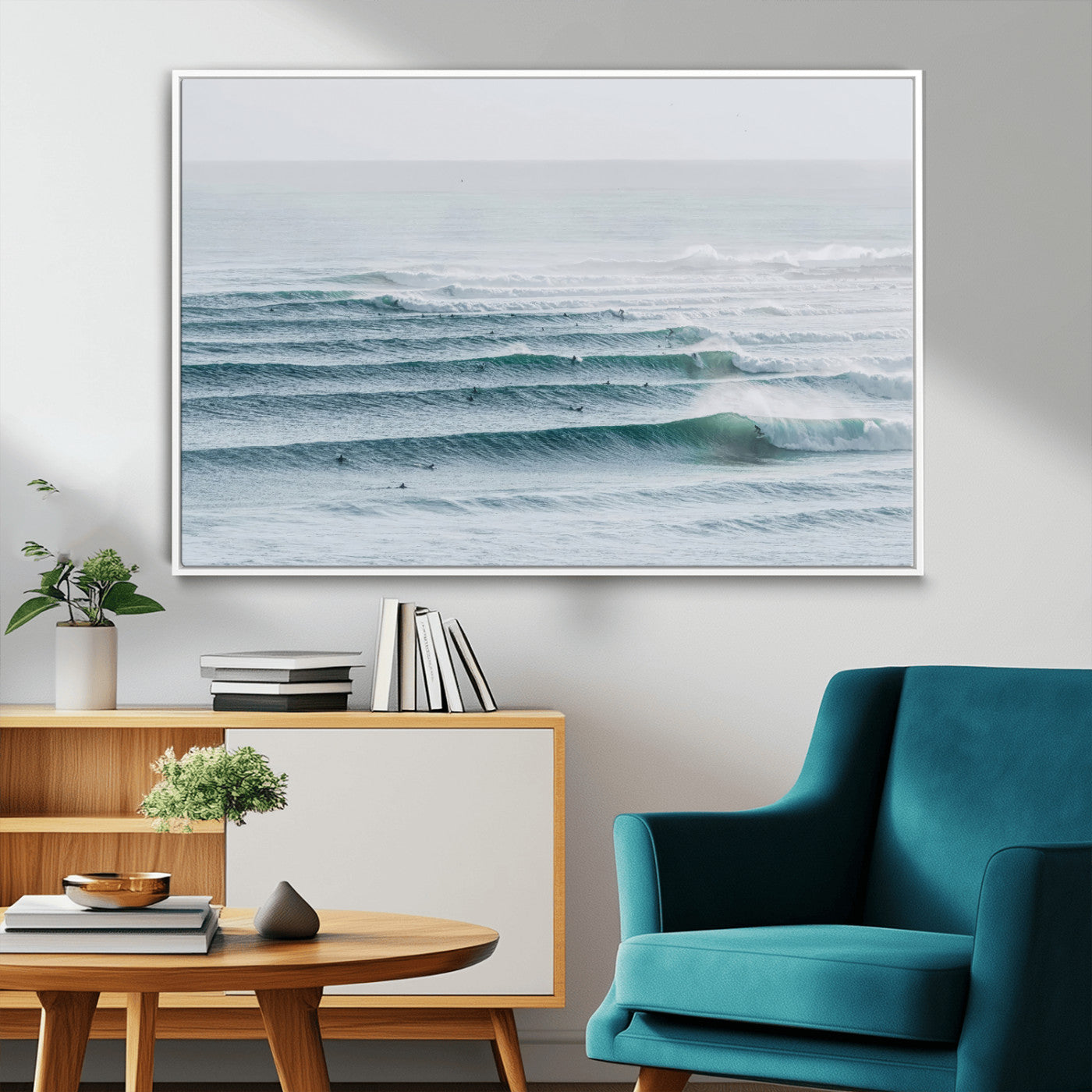 73969318-MGV-FC-36X24_White-Ocean Waves Wall Art Canvas Print, Framed Surfer Lineup Art Picture Print, Crowded Ocean Perfect Minimal Coastal Decor Artwork