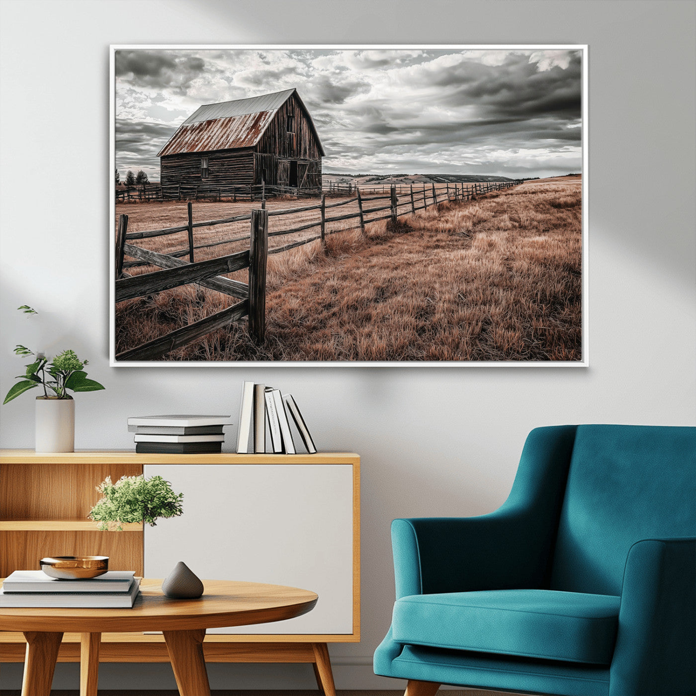 73898372-MGV-CV-36X24-Rustic Barn Wall Art Canvas Print, Framed Moody Field Art Picture Print, Weathered Fence Perfect Moody Farmhouse Decor Artwork