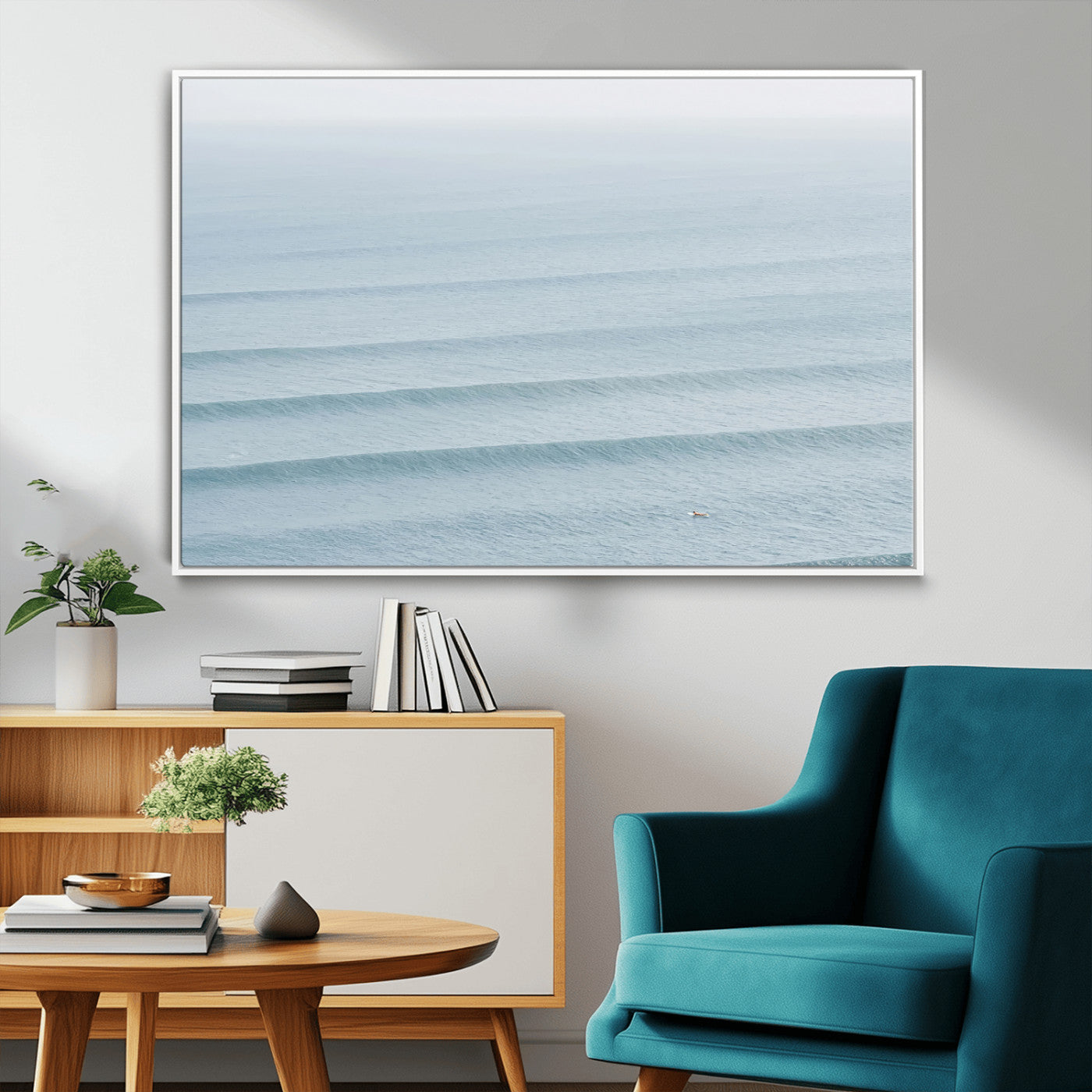 47814787-MGV-CV-36X24-Ocean Waves Wall Art Canvas Print, Framed Solo Surfer Art Picture Print, Wave Lines Perfect Minimalist Ocean Decor Artwork