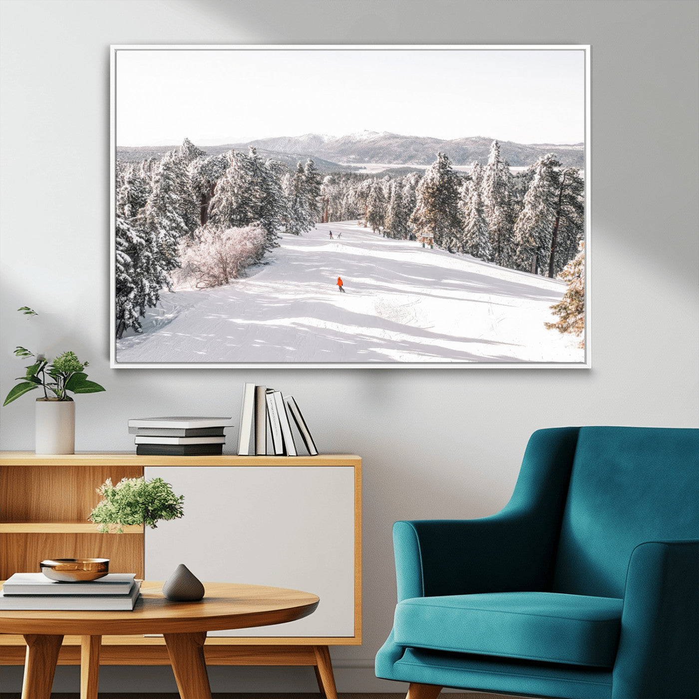 62119206-MGV-CV-36X24-Snowy Trail Wall Art Canvas Print, Framed Ski Slope Art Picture Print, Winter Pines Perfect Alpine Adventure Decor Artwork