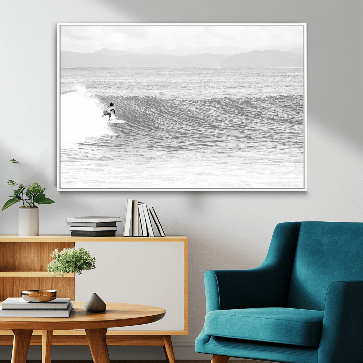 81535128-MGV-FC-36X24_White-Surfer Woman Wall Art Canvas Print, Framed Black Ocean Art Picture Print, Ocean Surfing Perfect Monochrome Coastal Decor Artwork