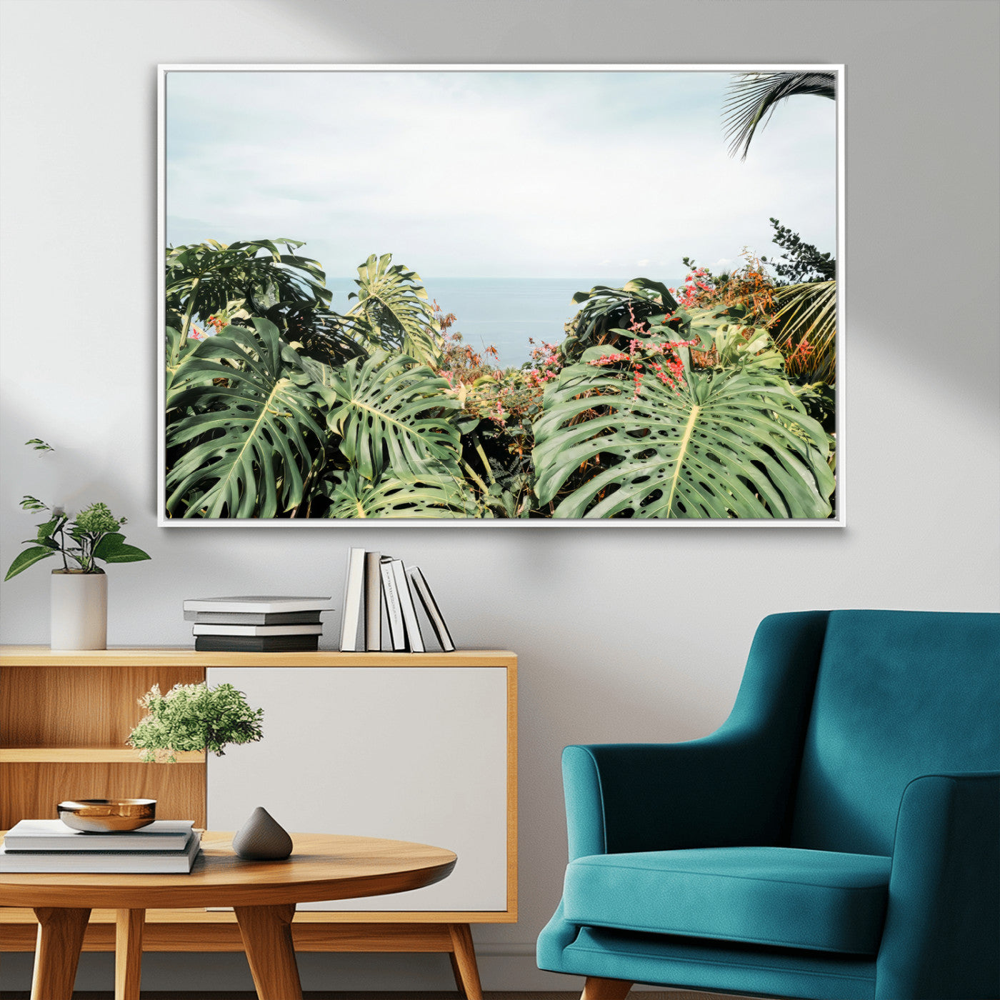 45700479-MGV-CV-36X24-Monstera Leaves Wall Art Canvas Print, Framed Tropical Ocean Art Picture Print, Tropical Foliage Perfect Tropical Coastal Jungle