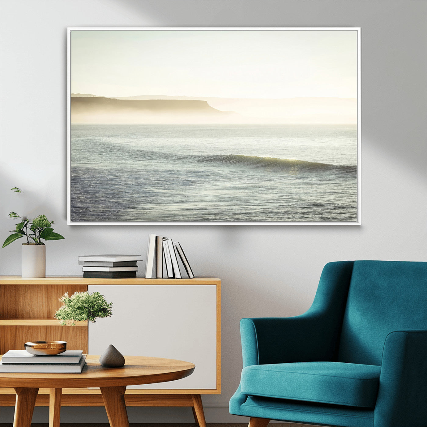 39310633-MGV-CV-36X24-Coastal Cliffs Wall Art Canvas Print, Framed Misty Ocean Art Picture Print, Morning Light Perfect Minimalistic Coastal Decor