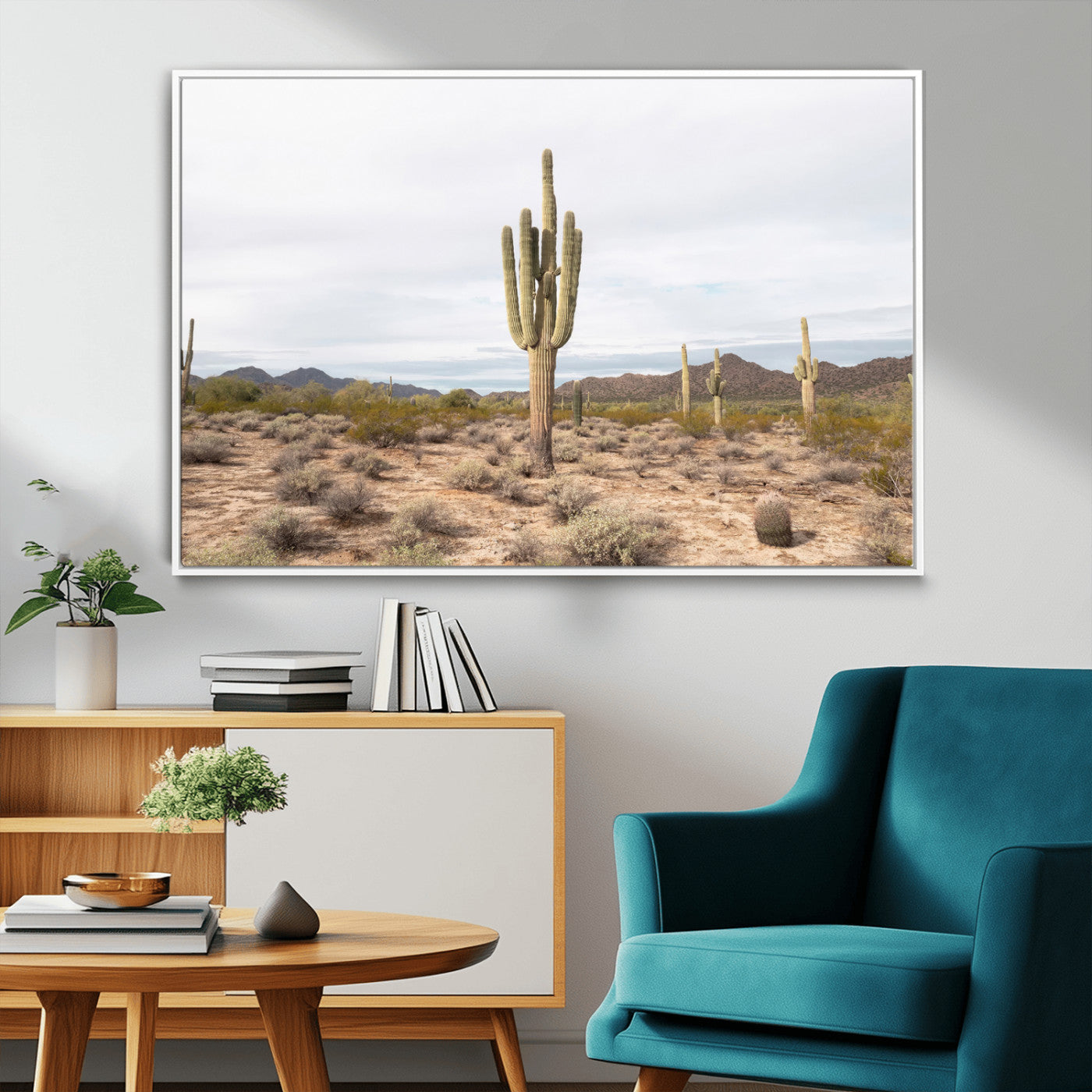 96147924-MGV-FC-36X24_White-Saguaro Cactus Wall Art Canvas Print, Framed Desert Cactus Art Picture Print, Earthy Desert Perfect Southwestern Boho Decor