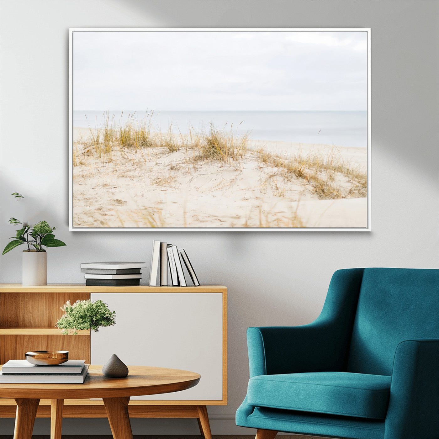 13146857-MGV-CV-36X24-Beach Dunes Wall Art Canvas Print, Framed Soft Horizon Art Picture Print, Coastal Grass Perfect Minimalist Coastal Decor Artwork