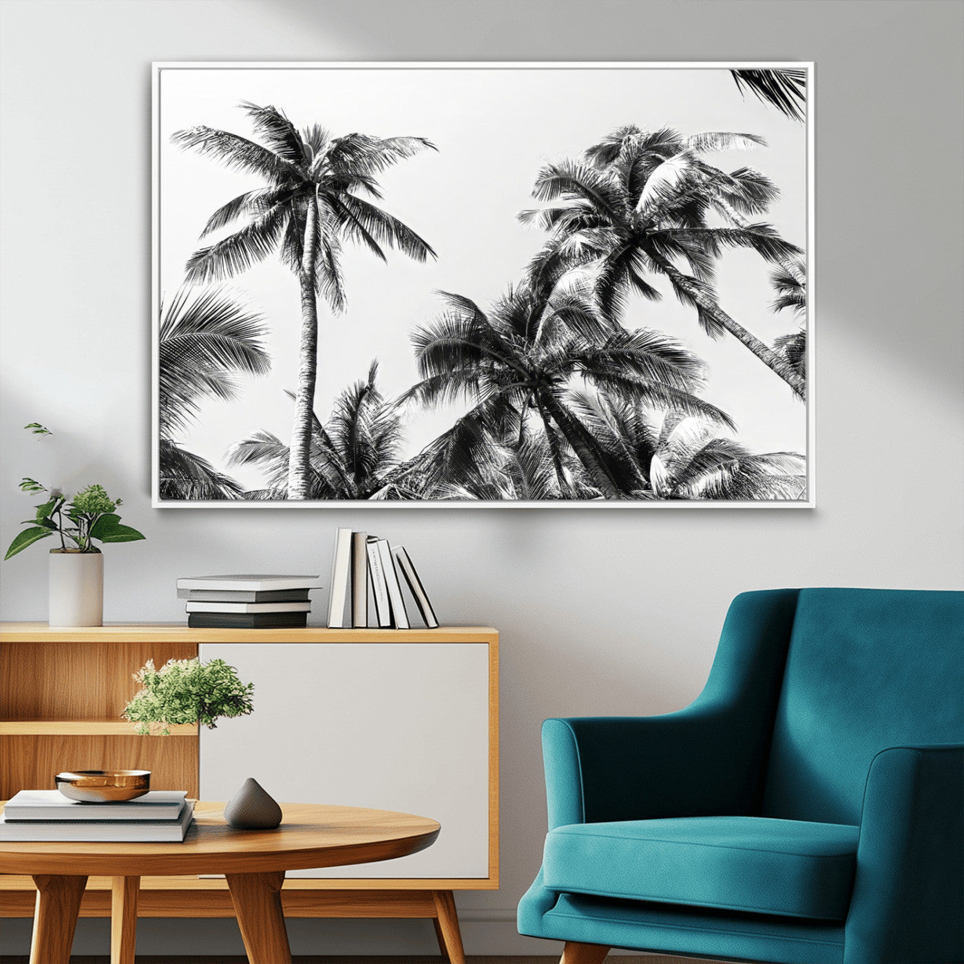 46641801-MGV-CV-36X24-Palm Tree Wall Art Canvas Print, Framed Black White Tropics Art Picture Print, Monochrome Palms Perfect Modern Tropical Minimalist