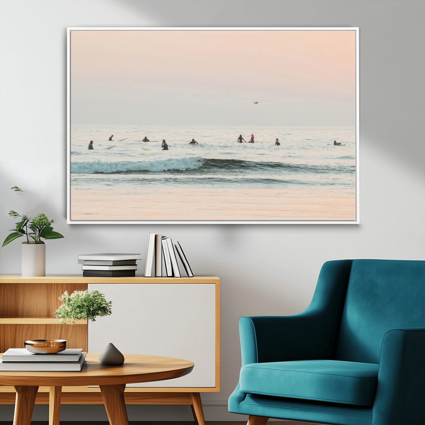 98888919-MGV-CV-36X24-Pastel Ocean Wall Art Canvas Print, Framed Soft Sunset Swimming Art Picture Print, Calm Sea Horizon Perfect Soft Coastal