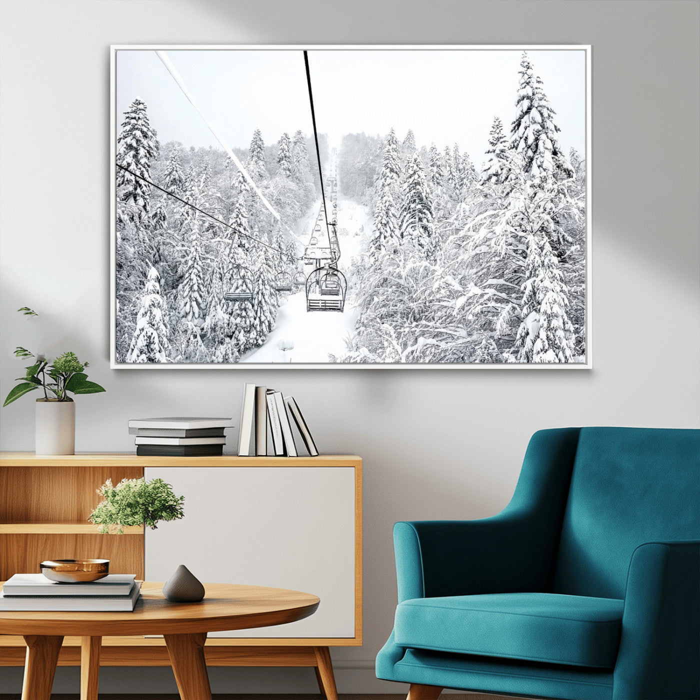 44705668-MGV-FC-36X24_White-Winter Forest Wall Art Canvas Print, Framed Snowy Forest Art Picture Print, Ski Lift Perfect Scandinavian Decor Artwork