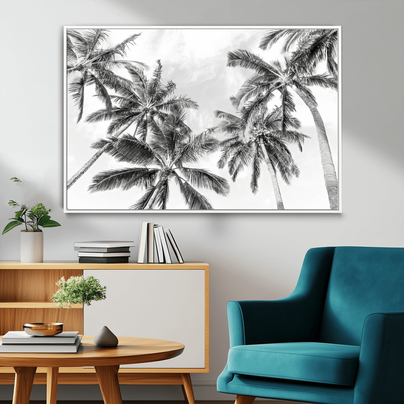62113786-MGV-CV-36X24-Black White Palm Wall Art Canvas Print, Framed Monochrome Tropics Art Picture Print, Minimalist Beach Perfect Coastal Minimalist