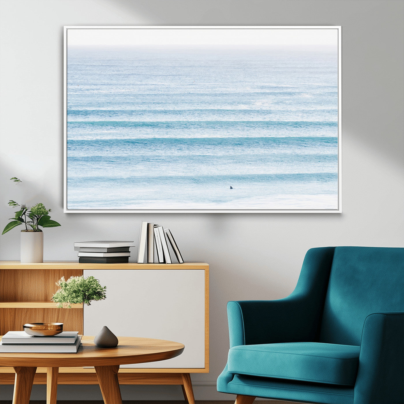 77145995-MGV-FC-36X24_White-Ocean Simplicity Wall Art Canvas Print, Framed Surfer on Water Art Picture Print, Light Blue Perfect Coastal Minimalist Decor