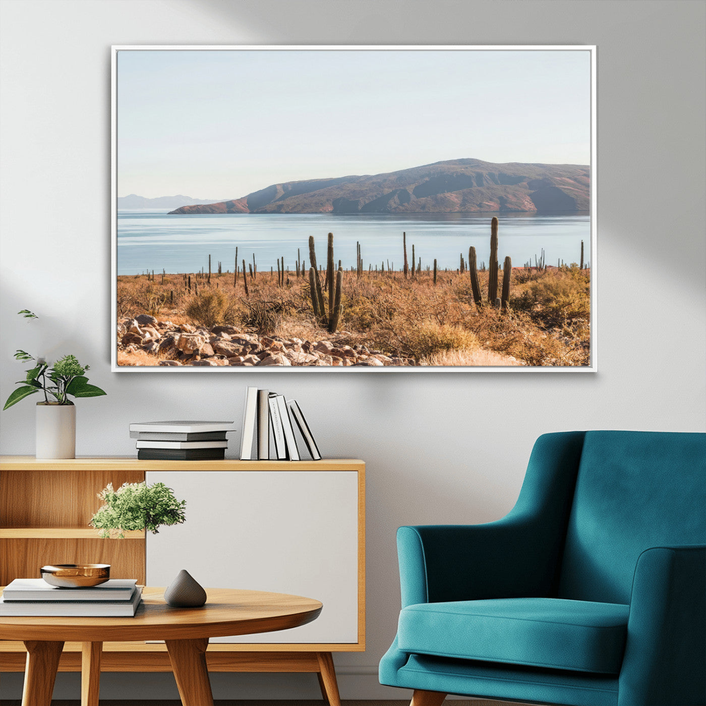 45193515-MGV-CV-36X24-Desert Cactus Wall Art Canvas Print, Framed Baja Coastline Art Picture Print, Coastal Desert Perfect Southwestern Minimalist Decor
