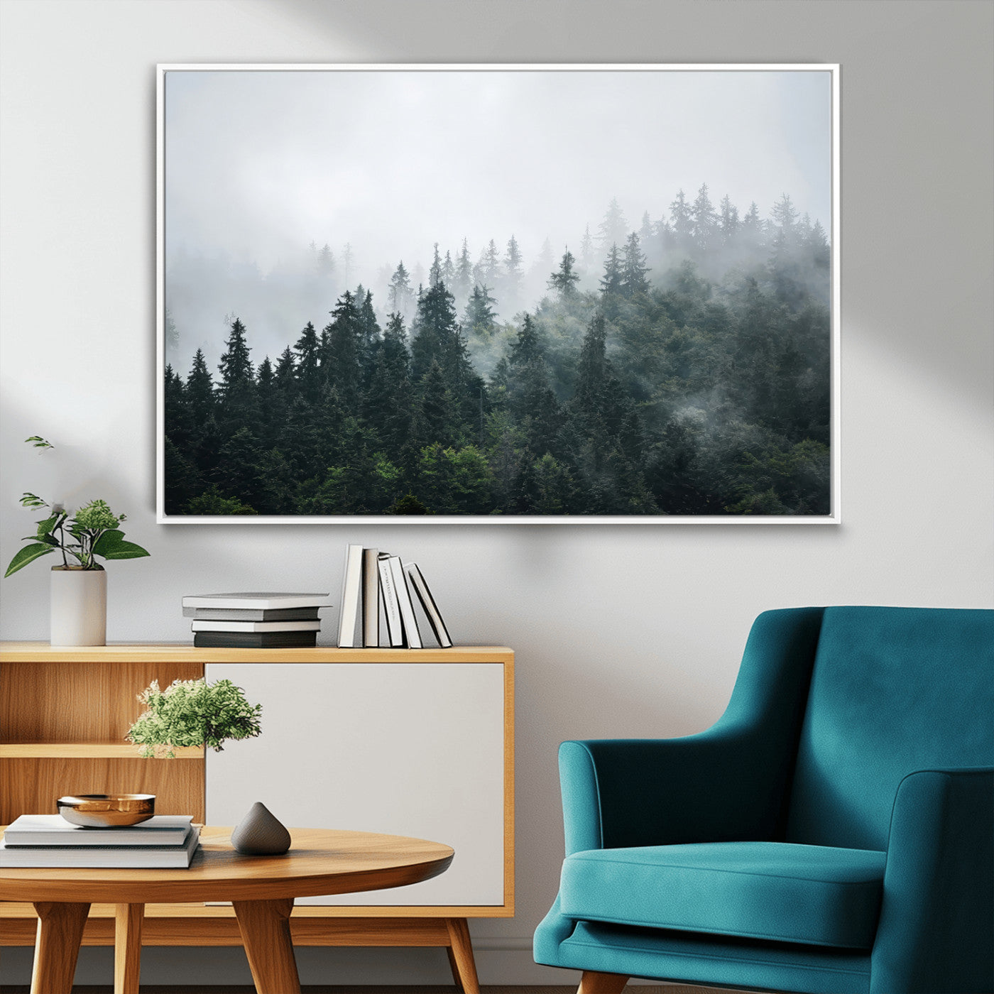 84146572-MGV-CV-36X24-Foggy Pine Trees Wall Art Canvas Print, Framed Forest Nature Art Picture Print, Evergreen Forest Perfect Scandinavian Minimalist