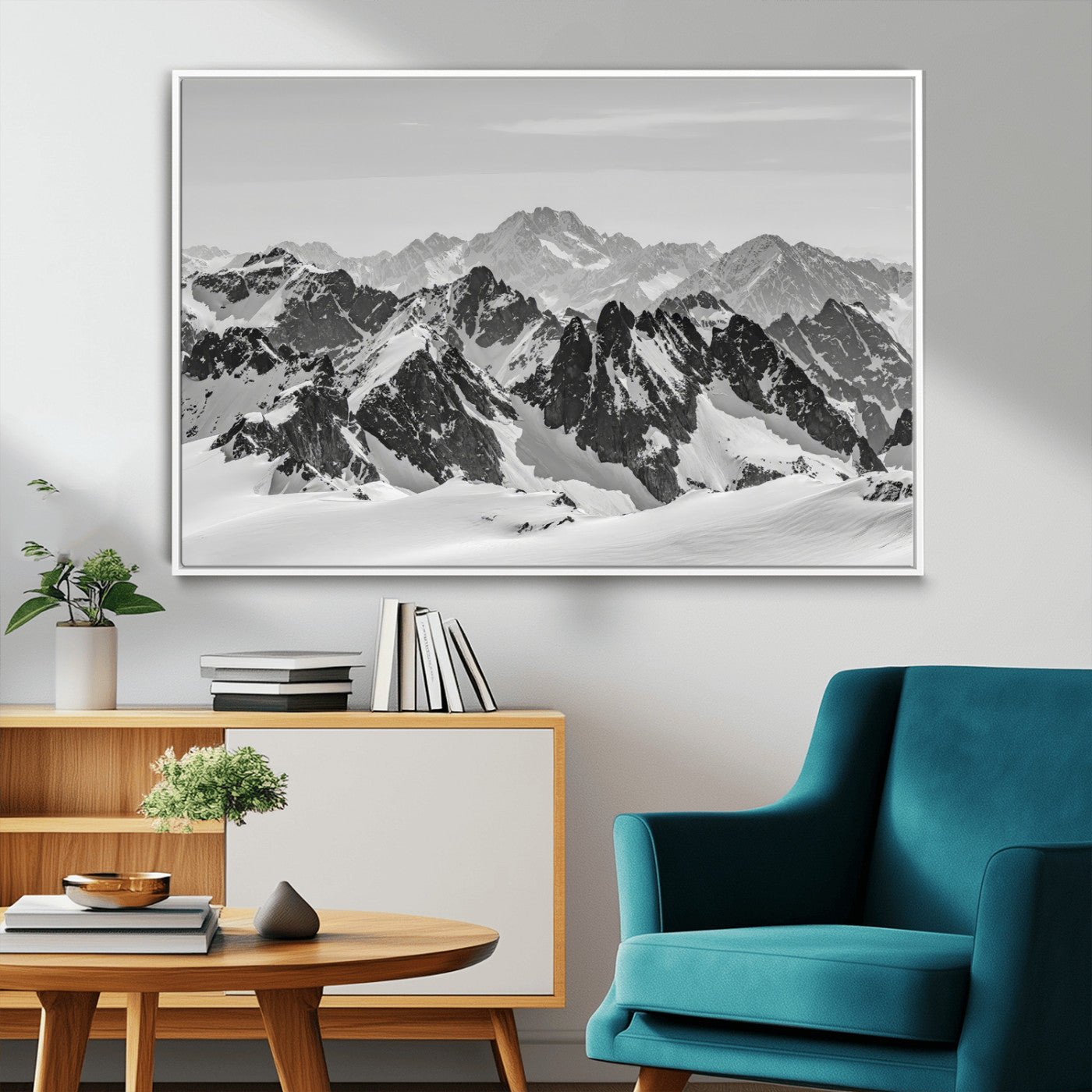 32399691-MGV-FC-36X24_White-Snowy Mountain Wall Art Canvas Print, Framed Mountain Peaks Art Picture Print, Alpine Mountains Perfect Minimalist Alpine Decor