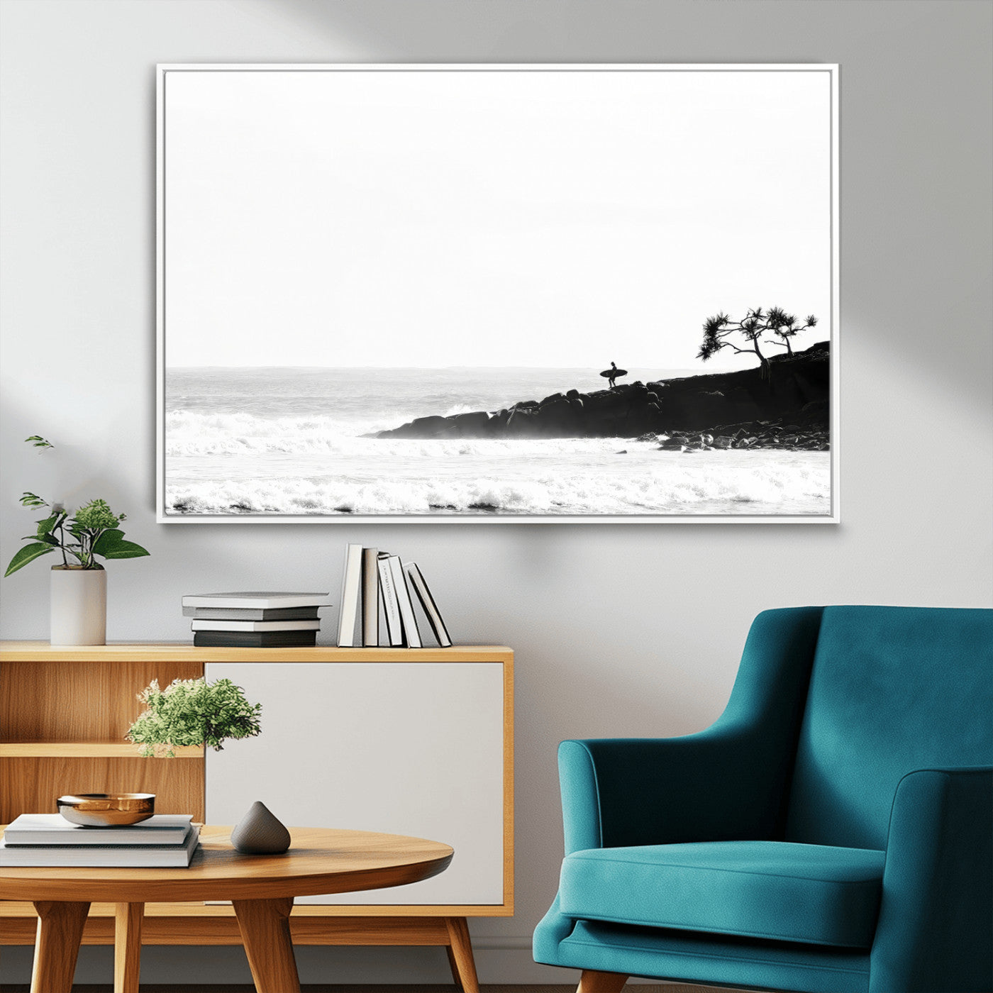 40875891-MGV-CV-36X24-SurferCliffs Wall Art Canvas Print, Framed Black White Beach Art Picture Print, Ocean Waves Perfect Minimalist Coastal Decor