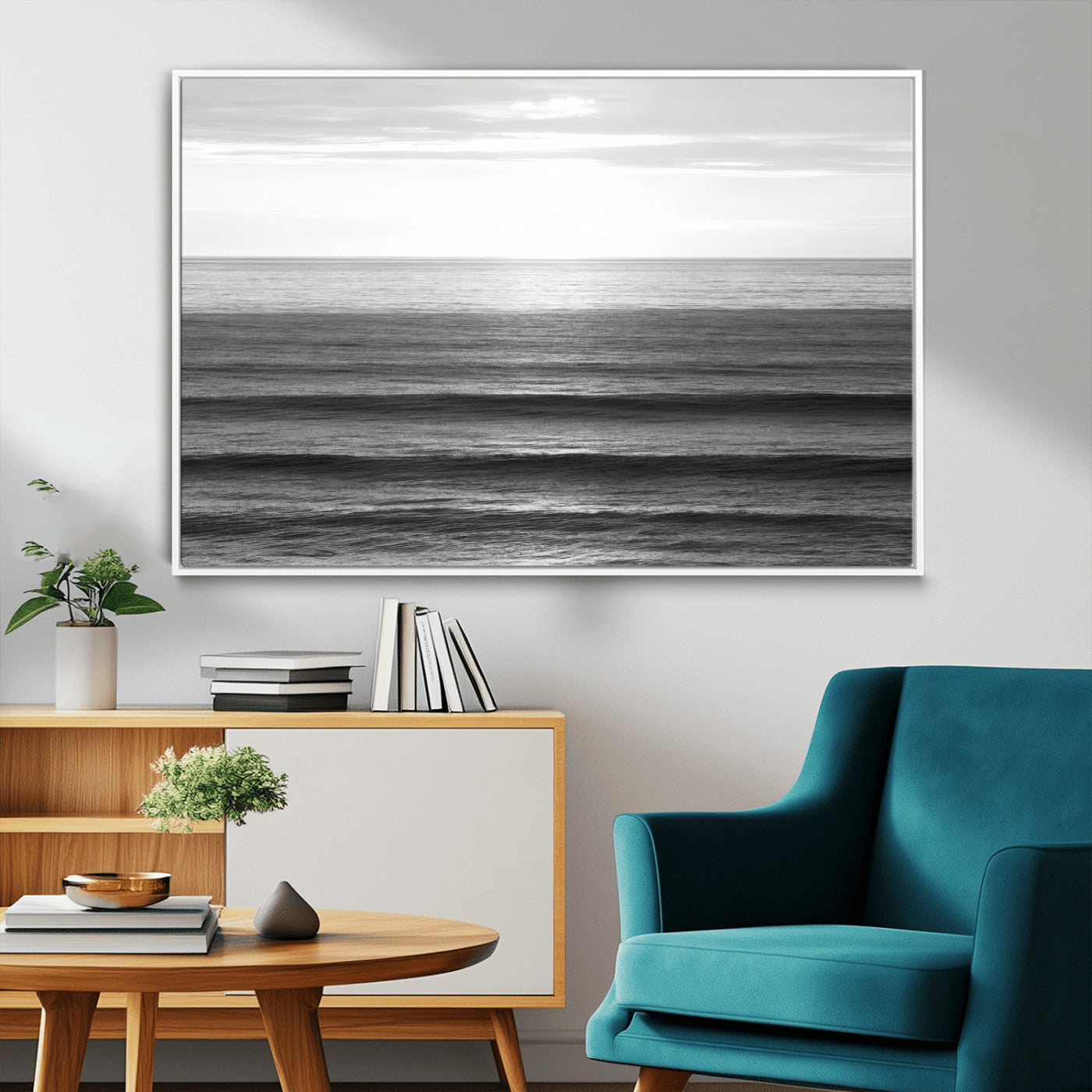 47305203-MGV-CV-36X24-Monochrome Ocean Wall Art Canvas Print, Framed Moody Ocean Art Picture Print, Calm Ocean Perfect Minimalist Coastal Decor Artwork