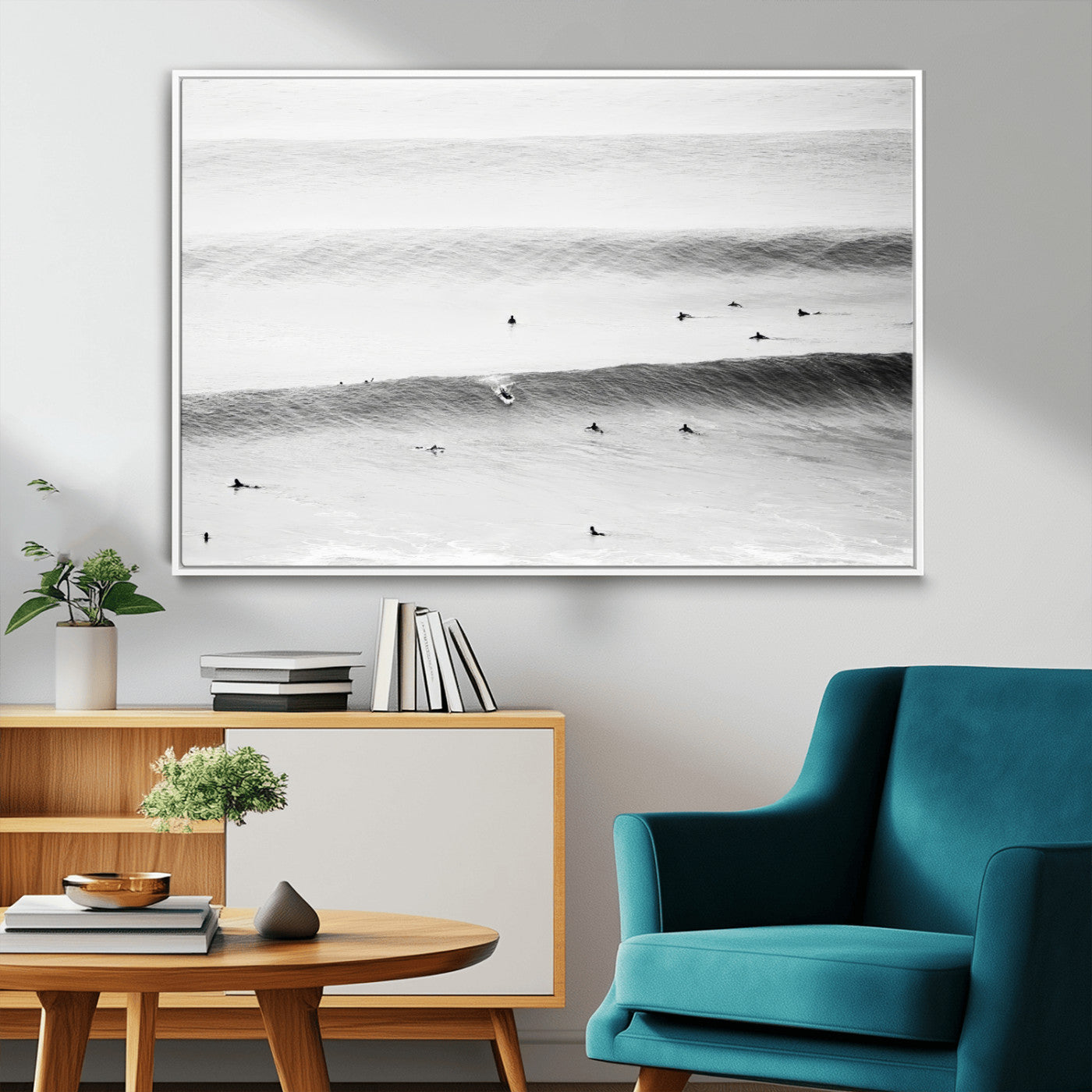 54291445-MGV-CV-36X24-Black White Ocean Wall Art Canvas Print, Framed Coastal Sport Art Picture Print, Ocean Culture Perfect Minimalist Coastal Decor