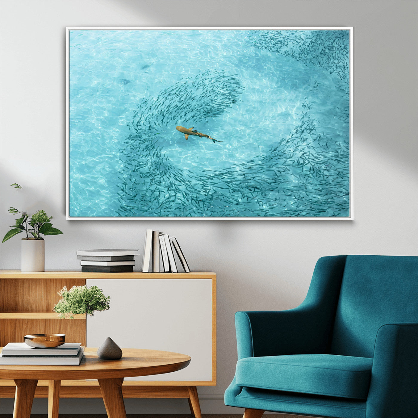 43671474-MGV-CV-36X24-Fish Swarm Wall Art Canvas Print, Framed Marine Life Art Picture Print, Shark Aerial Perfect Wildlife Coastal Decor Artwork