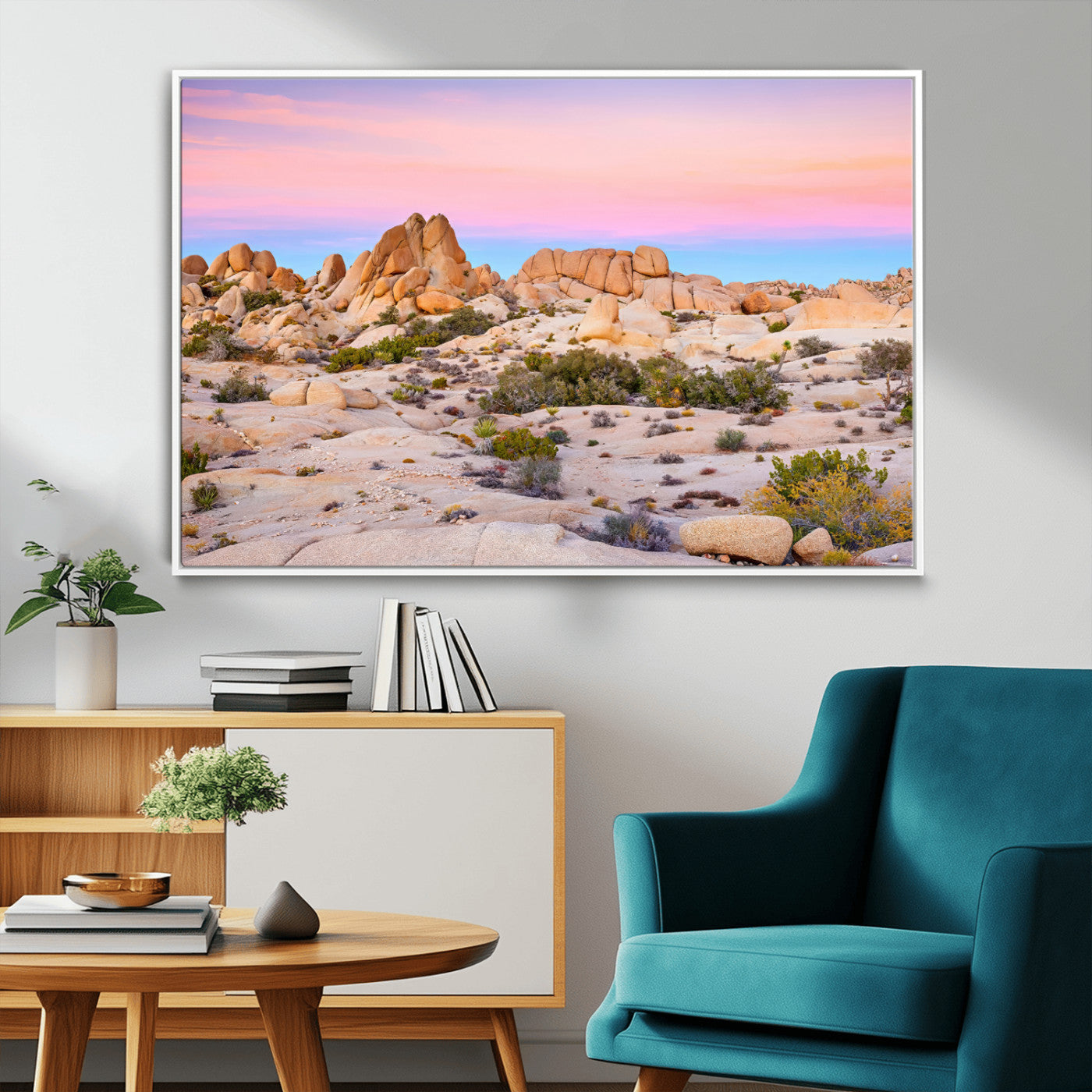 96167137-MGV-FC-36X24_White-Vibrant Sunset Sky Wall Art Canvas Print, Framed Joshua Tree Art Picture Print, Rugged Terrain Perfect Southwestern Boho Decor