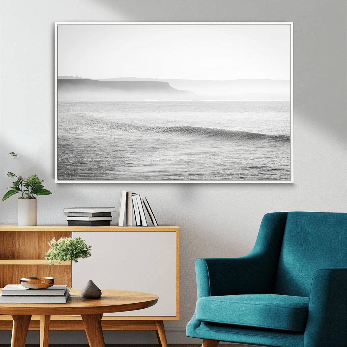 60635783-MGV-CV-36X24-Black White Seascape Wall Art Canvas Print, Framed Ocean Waves Art Picture Print, Misty Coastal Perfect Minimalist Coastal Decor