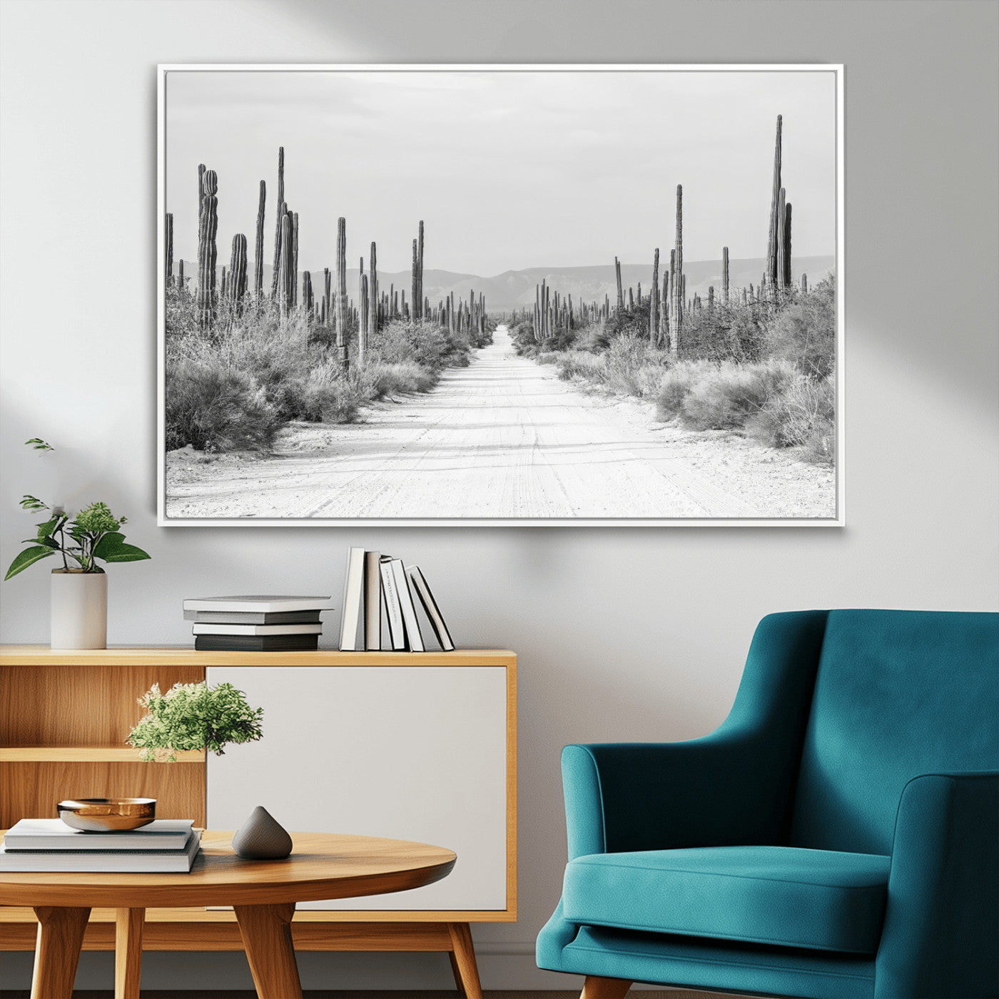 35537313-MGV-CV-36X24-Monochrome Desert Wall Art Canvas Print, Framed Cactus Path Art Picture Print, Southwestern Landscape Perfect Southwestern