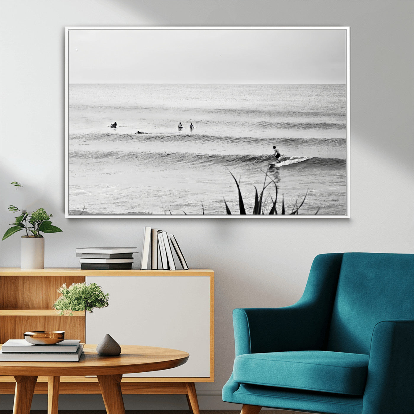33821421-MGV-CV-36X24-Surfer Silhouette Wall Art Canvas Print, Framed Calm Ocean Art Picture Print, Monochrome Surf Perfect Minimalist Coastal Decor