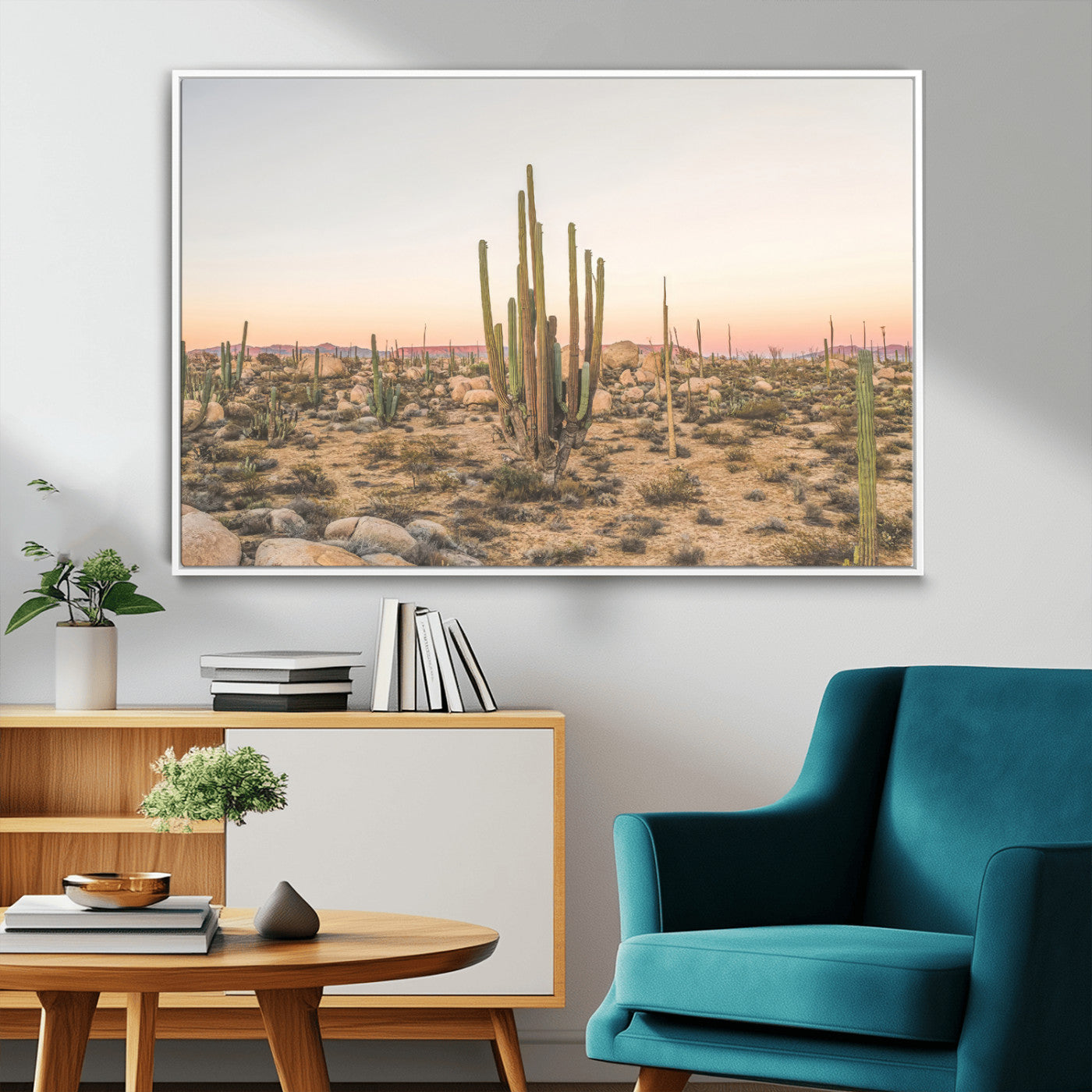76234974-MGV-CV-36X24-Desert Cactus Wall Art Canvas Print, Framed Baja Desert Art Picture Print, Pastel Desert Perfect Southwestern Boho Decor Artwork