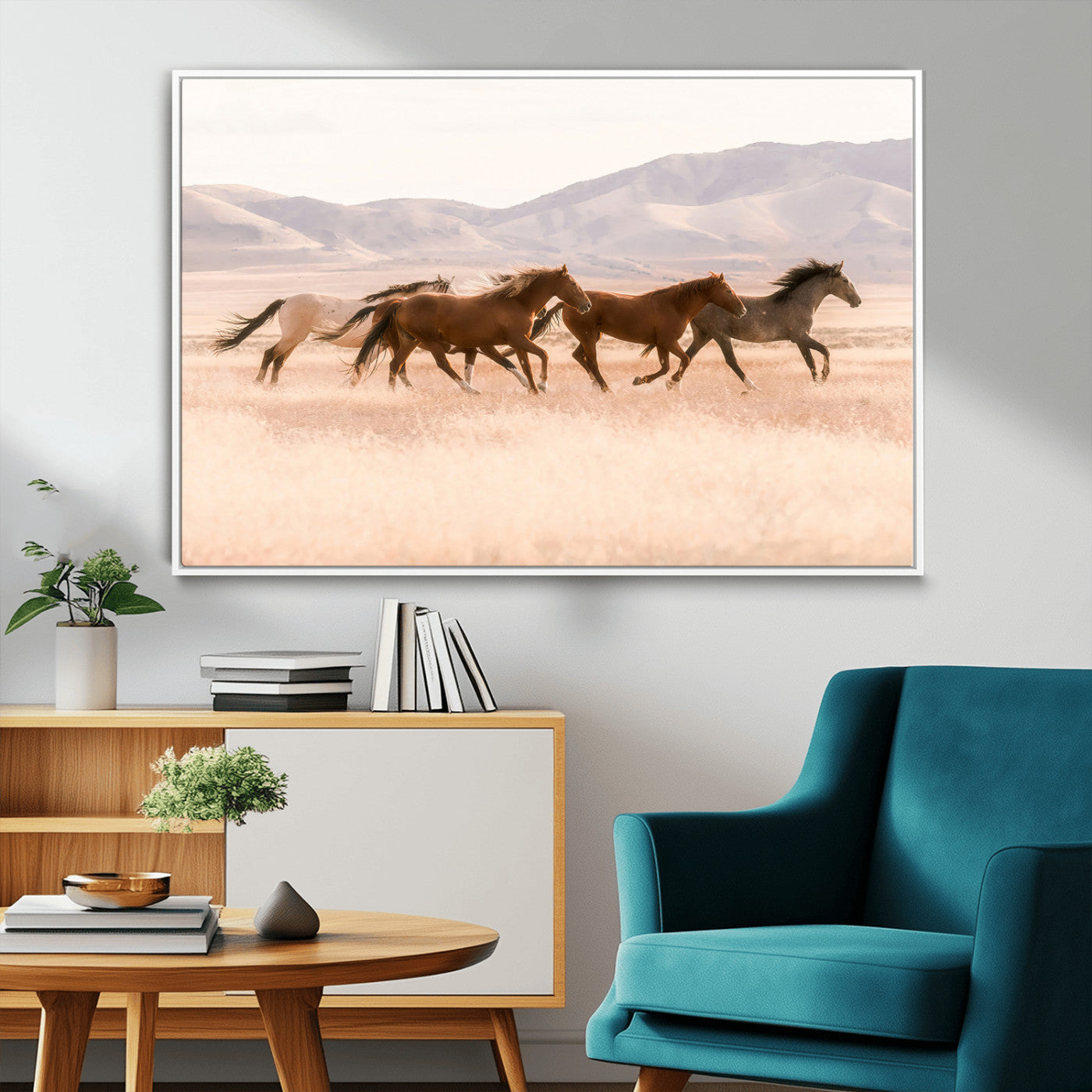 83644685-MGV-CV-36X24-Wild Horse Art Wall Art Canvas Print, Framed Rustic Western Art Picture Print, Desert Horse Scene Perfect Rustic Western Decor
