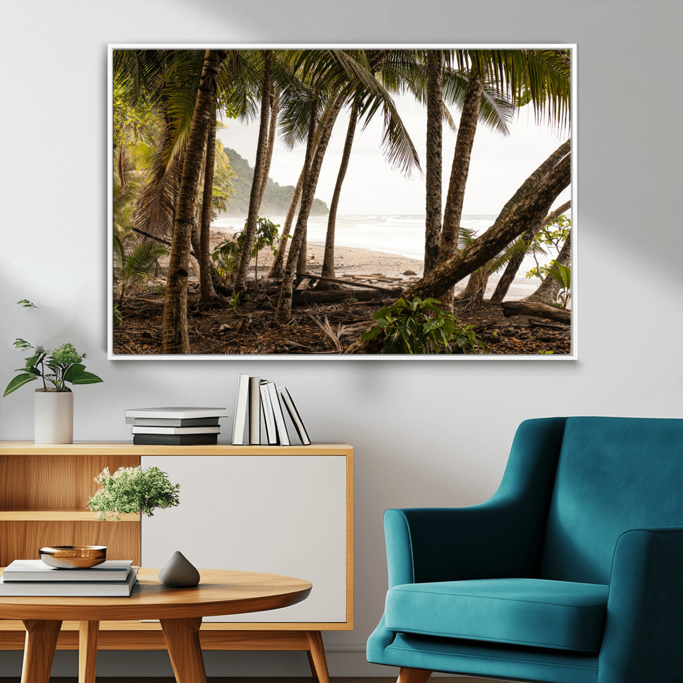 92093951-MGV-FC-36X24_White-Tropical Jungle Wall Art Canvas Print, Framed Palm Tree Forest Art Picture Print, Coastal Escape Perfect Jungle Retreat Decor