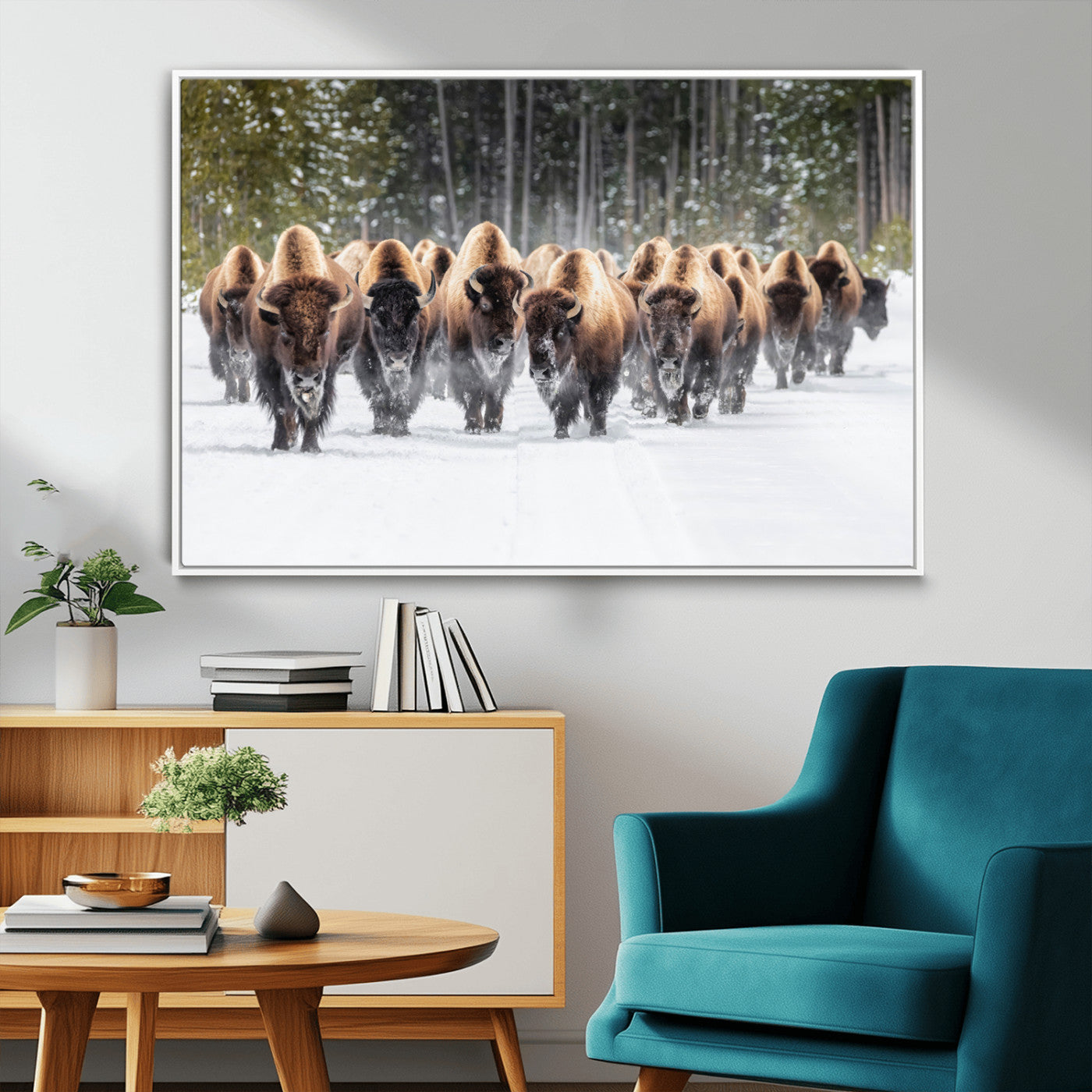22695857-MGV-FC-36X24_White-Bison Herd Scene Wall Art Canvas Print, Framed Western Wildlife Art Picture Print, Rustic Animal Art Perfect Rustic Lodge Decor