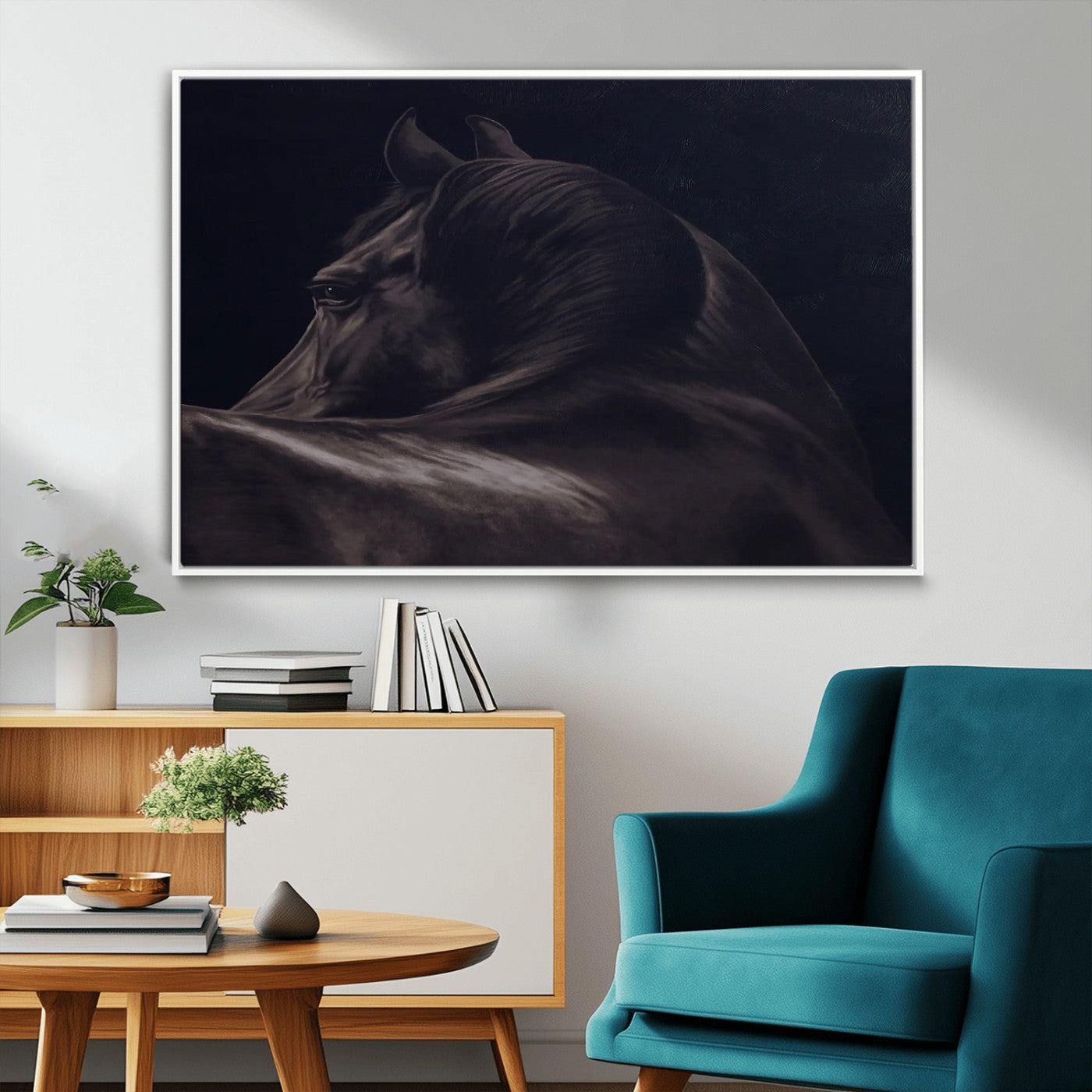 67026880-MGV-CV-36X24-Black Horse Portrait Wall Art Canvas Print, Framed Moody Horse Decor Art Picture Print, Equestrian Wall Style Perfect Masculine