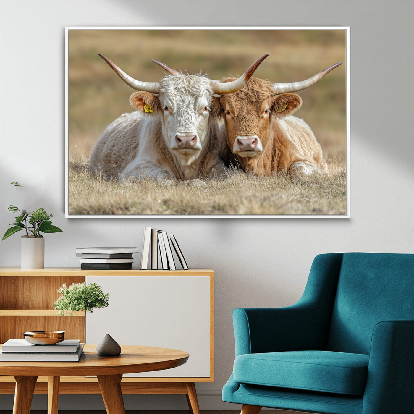 53388593-MGV-CV-36X24-Cow Photography Wall Art Canvas Print, Framed Rustic Animal Decor Art Picture Print, Texas Cow Pair Perfect Western Farmhouse
