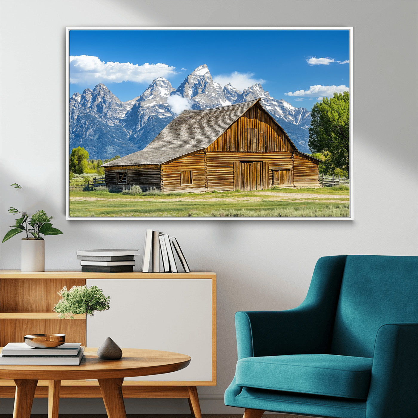 75948467-MGV-CV-36X24-Mountain Barn Scene Wall Art Canvas Print, Framed Rustic Farmhouse Style Art Picture Print, Country Cabin Decor Perfect Rustic