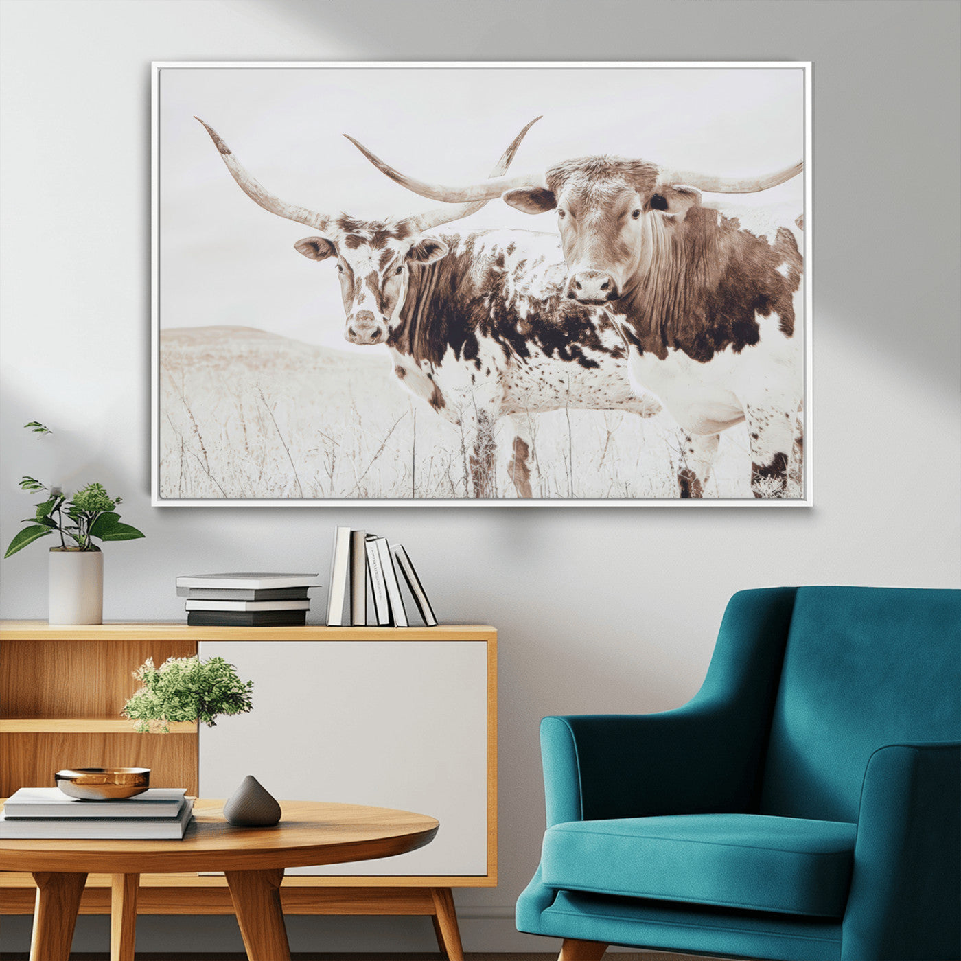 48161868-MGV-CV-36X24-Longhorn Cow Decor Wall Art Canvas Print, Framed Rustic Cattle Art Picture Print, Sepia Western Vibe Perfect Neutral Rustic