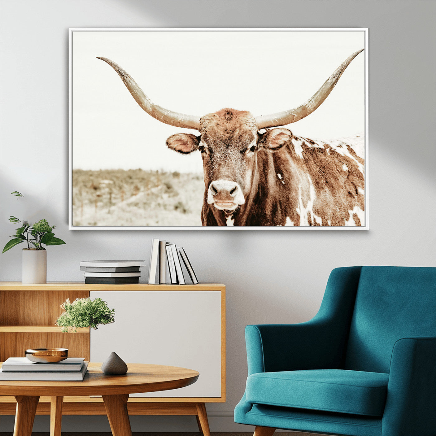 98924580-MGV-CV-36X24-Texas Longhorn Bull Wall Art Canvas Print, Framed Rustic Farmhouse Decor Art Picture Print, Western Animal Theme Perfect Rustic