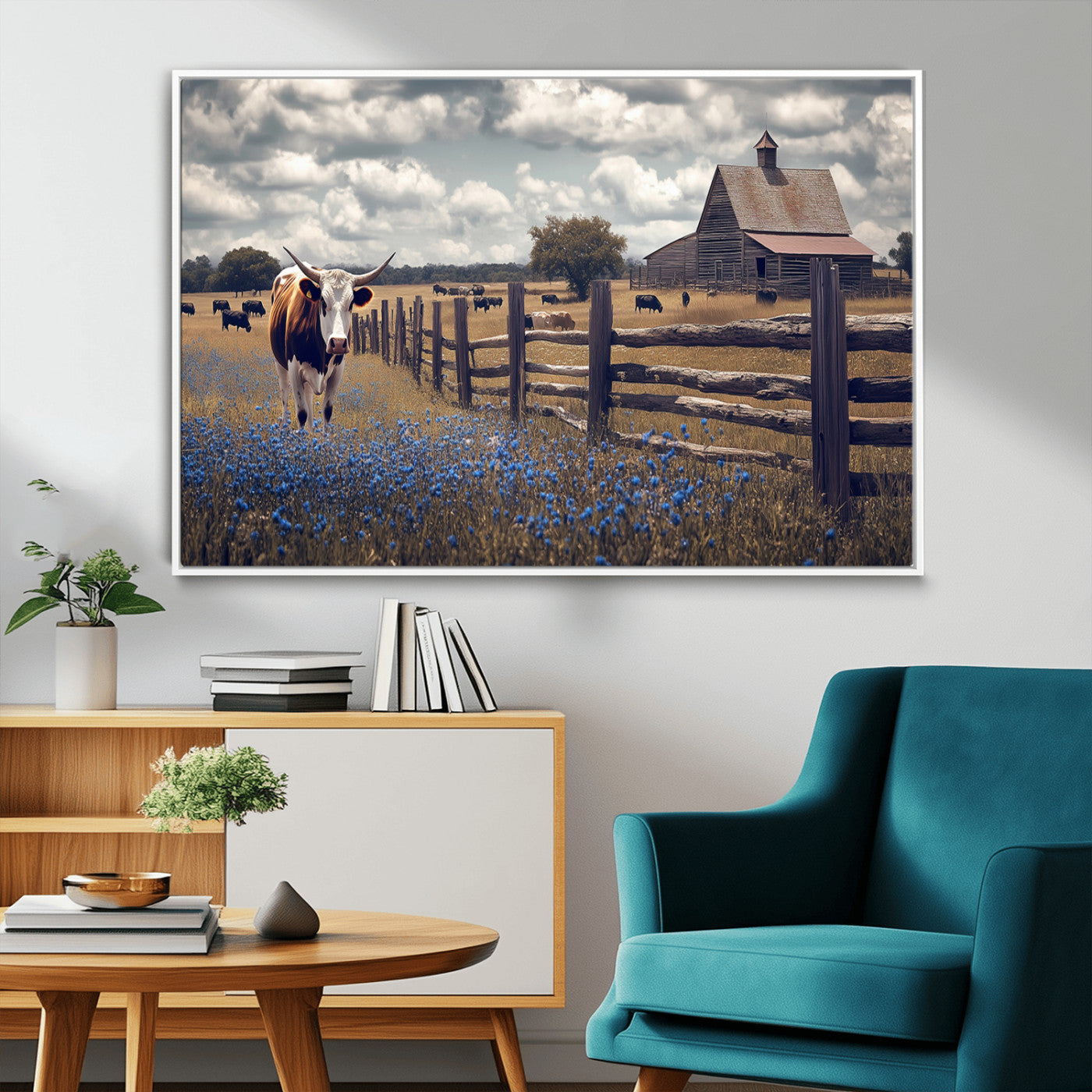 22296025-MGV-FC-36X24_White-Texas Longhorn Canvas Wall Art Canvas Print, Framed Rustic Barn Wall Art Art Picture Print, Farmhouse Cow Decor Perfect Rustic