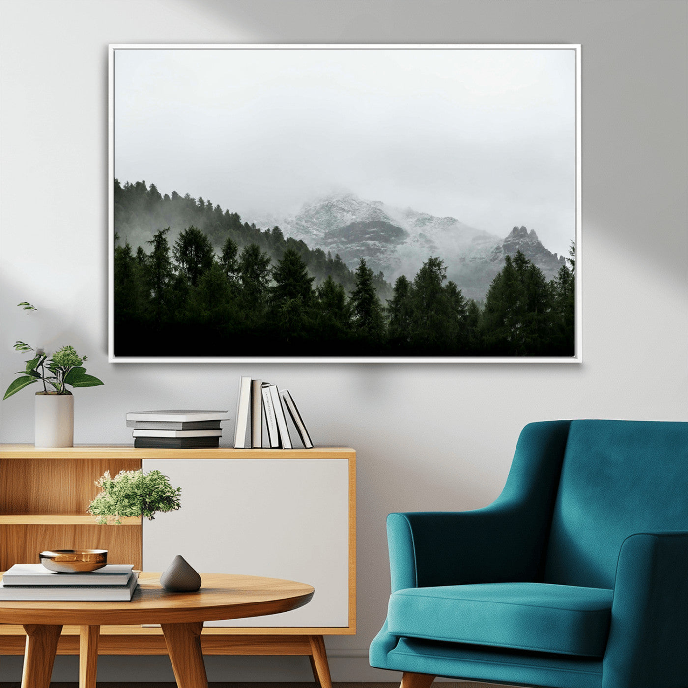 55968349-MGV-FC-36X24_White-Misty Mountains Wall Art Canvas Print, Framed Foggy Forest Art Picture Print, Snowy Peaks Perfect Moody Wilderness Decor Artwork