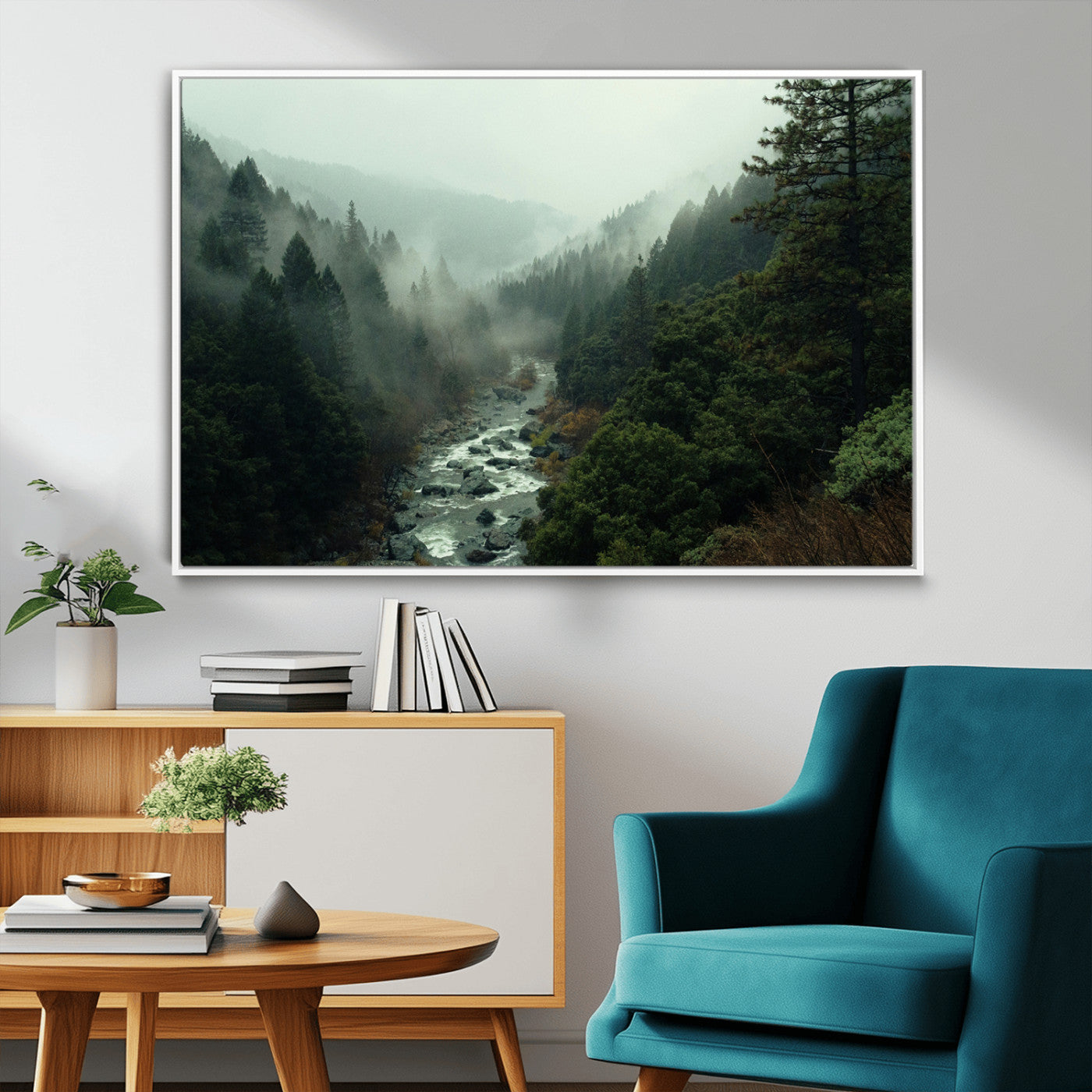 48497565-MGV-FC-36X24_White-Misty Forest Wall Art Canvas Print, Framed Foggy River Art Picture Print, Moody Landscape Perfect Moody Wilderness Decor Artwork