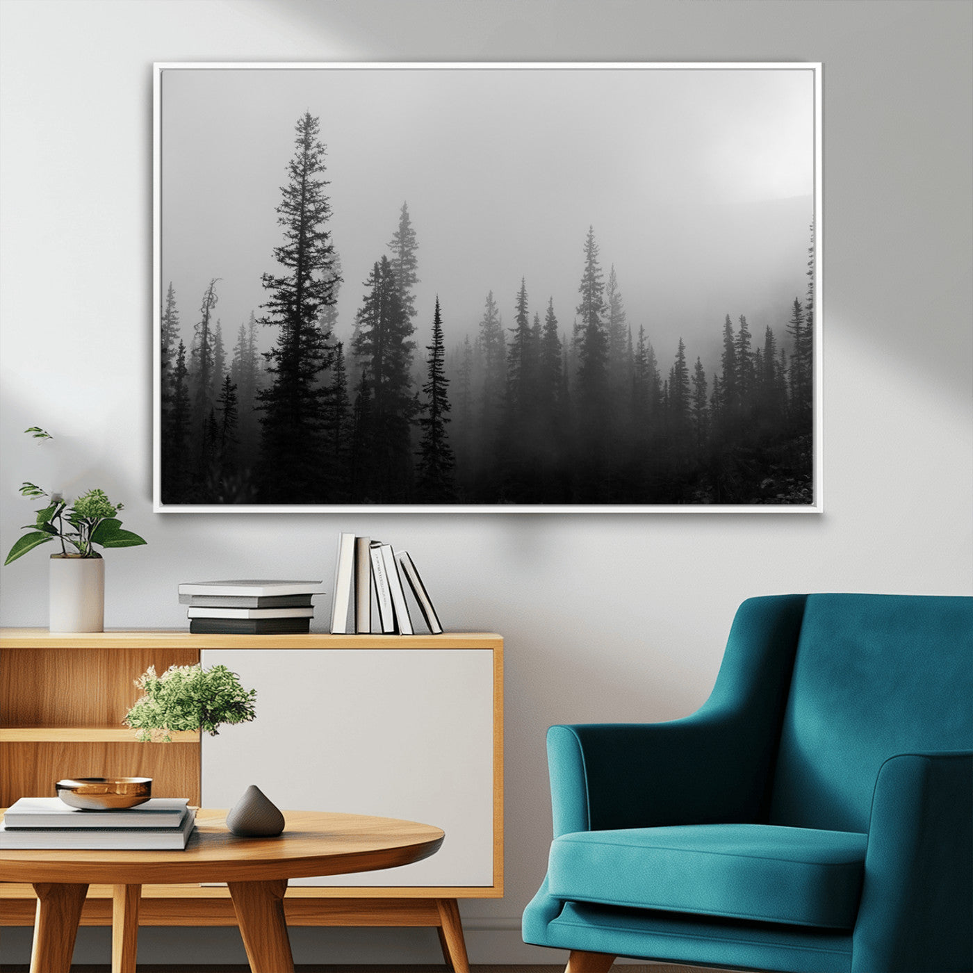 73138900-MGV-CV-36X24-Misty Pines Wall Art Canvas Print, Framed Woodland Photography Art Picture Print, Minimalist Decor Perfect Modern Rustic Decor