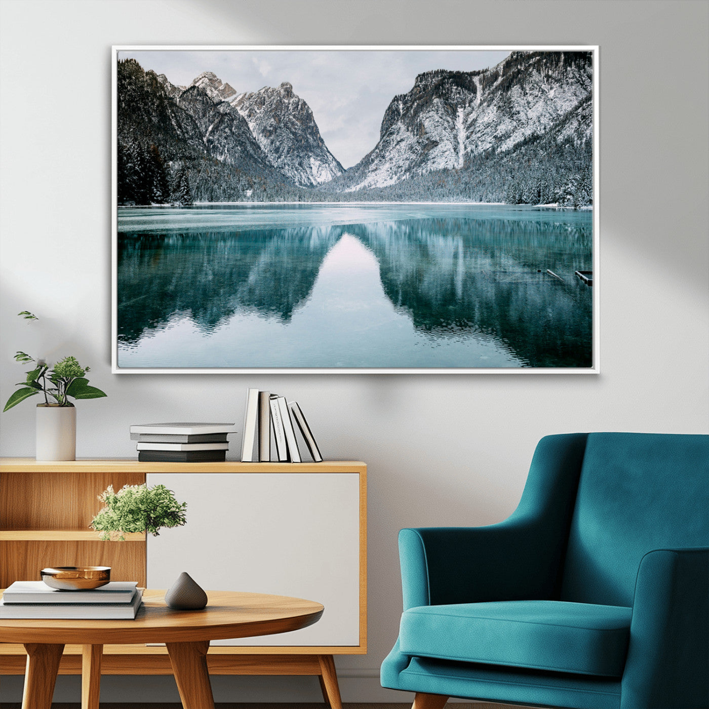 73098373-MGV-FC-36X24_White-Mountain Lake Wall Art Canvas Print, Framed Winter Wonderland Art Picture Print, Snowy Peaks Perfect Modern Nature Decor Artwork