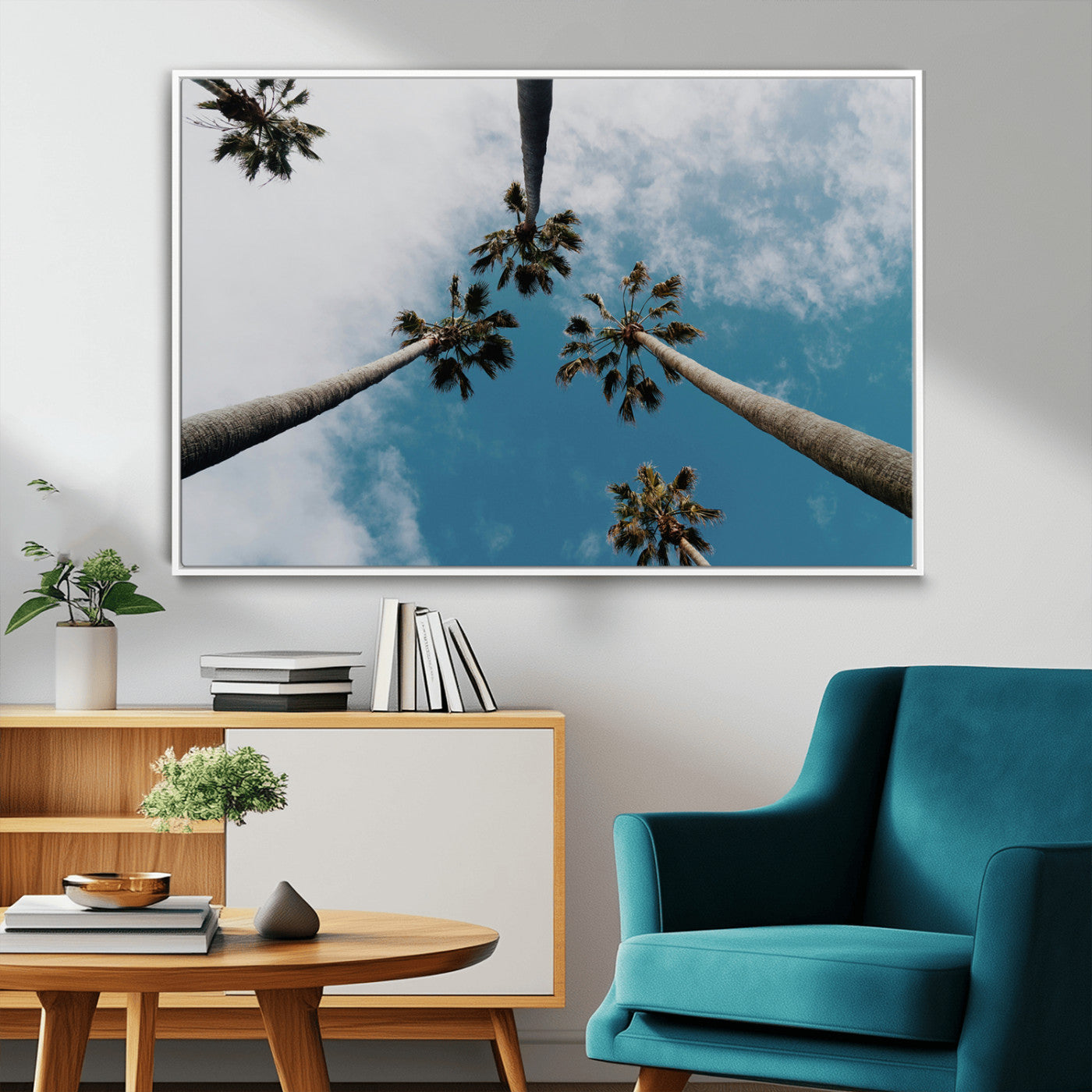 45236398-MGV-FC-36X24_White-Tropical Palm Trees Wall Art Canvas Print, Framed California Sky Art Picture Print, Minimalist Nature Perfect Coastal Minimalist