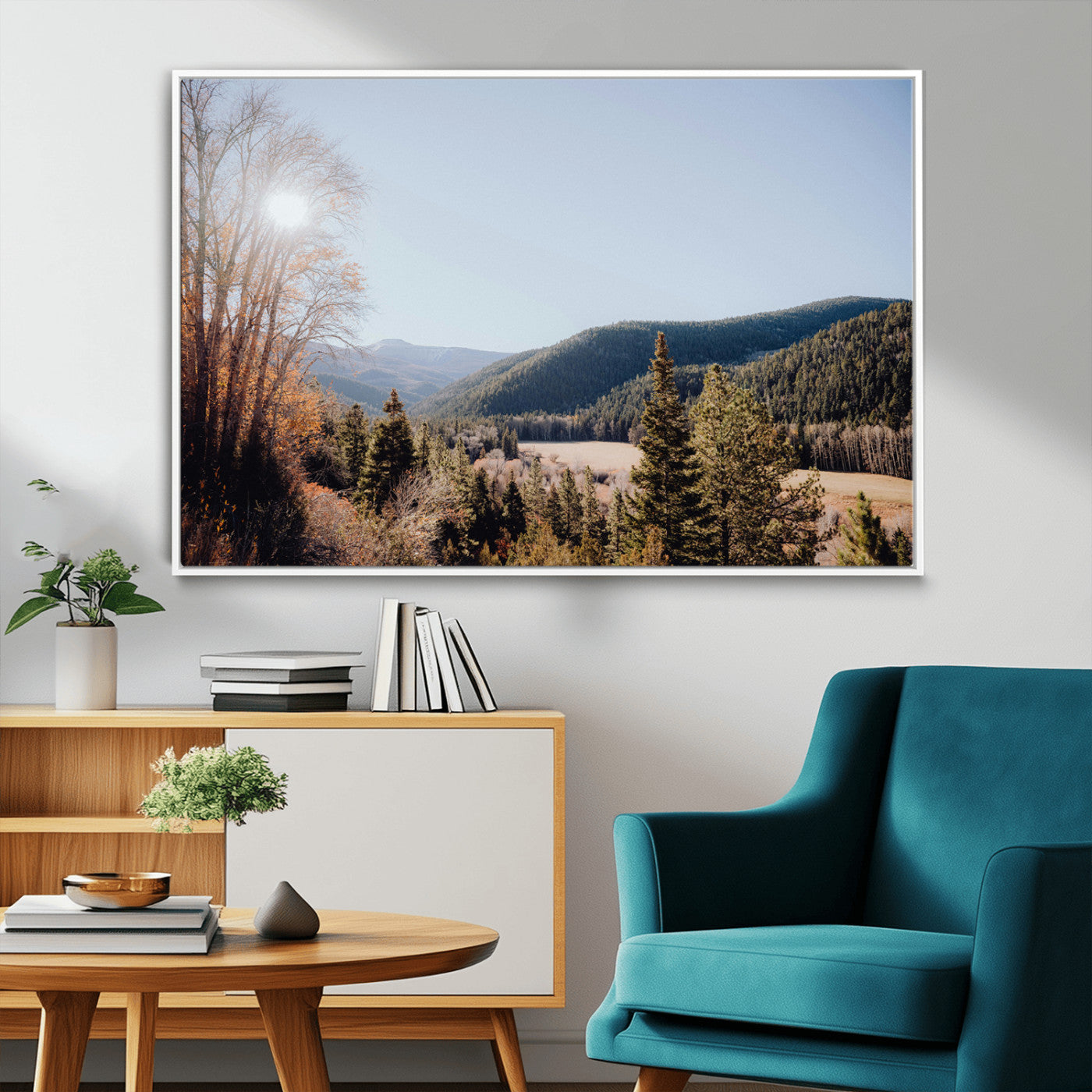 52941305-MGV-FC-36X24_White-Rustic Landscape Wall Art Canvas Print, Framed Serene Valley Art Picture Print, Pine Tree Horizon Perfect Rustic Cabin Decor