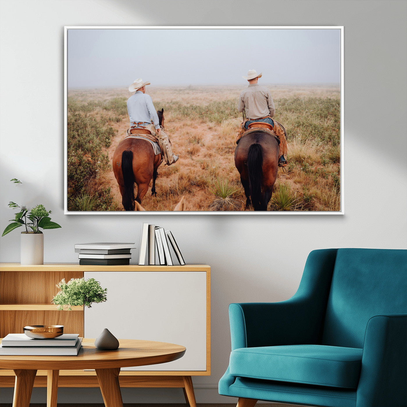54943176-MGV-FC-36X24_White-Cowboy Wall Art Wall Art Canvas Print, Framed Western Canvas Art Picture Print, Rustic Ranch Scene Perfect Rustic Western Decor