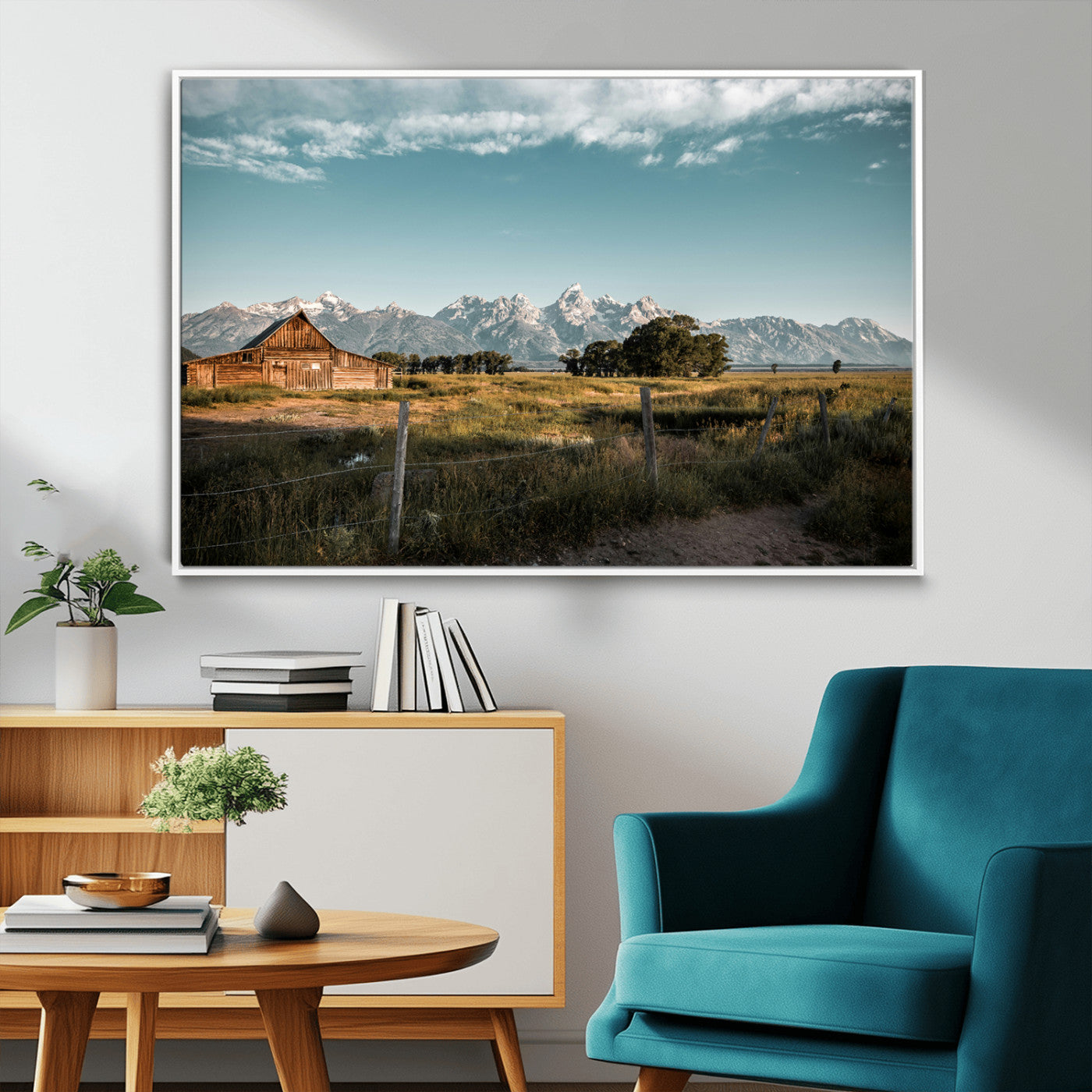 92497443-MGV-FC-36X24_White-Rustic Farmhouse Wall Art Canvas Print, Framed Mountain Cabin Art Picture Print, Western Landscape Perfect Rustic Farmhouse Decor