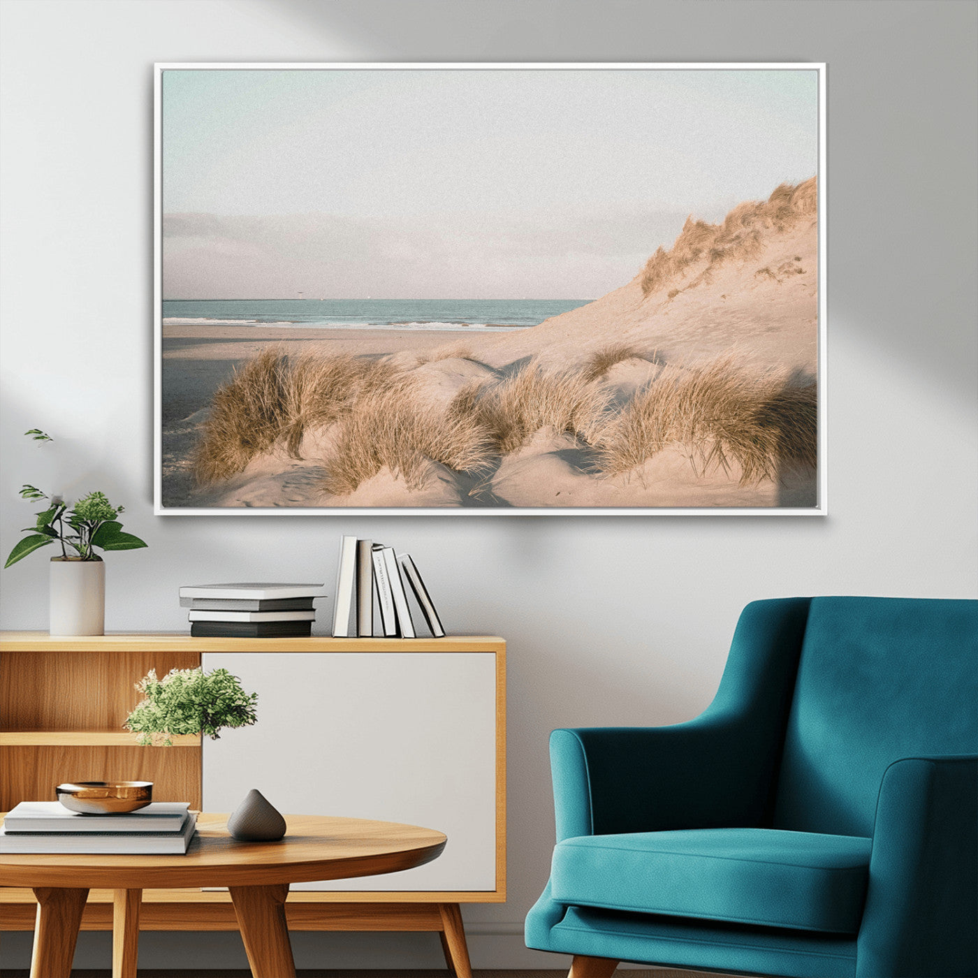 28064037-MGV-FC-36X24_White-Minimalist Seascape Wall Art Canvas Print, Framed Neutral Beach Print Art Picture Print, Sand Dune Photography Perfect