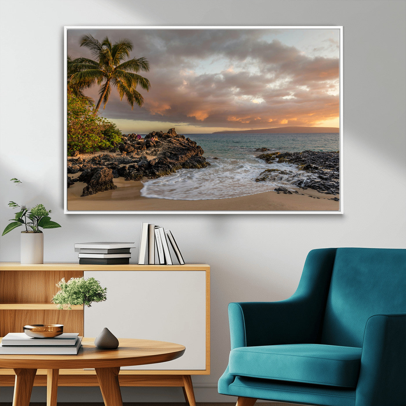 55108220-MGV-FC-36X24_White-Tropical Beach Wall Art Canvas Print, Framed Hawaiian Sunset Art Picture Print, Ocean Waves Perfect Coastal Tropical Decor Artwork