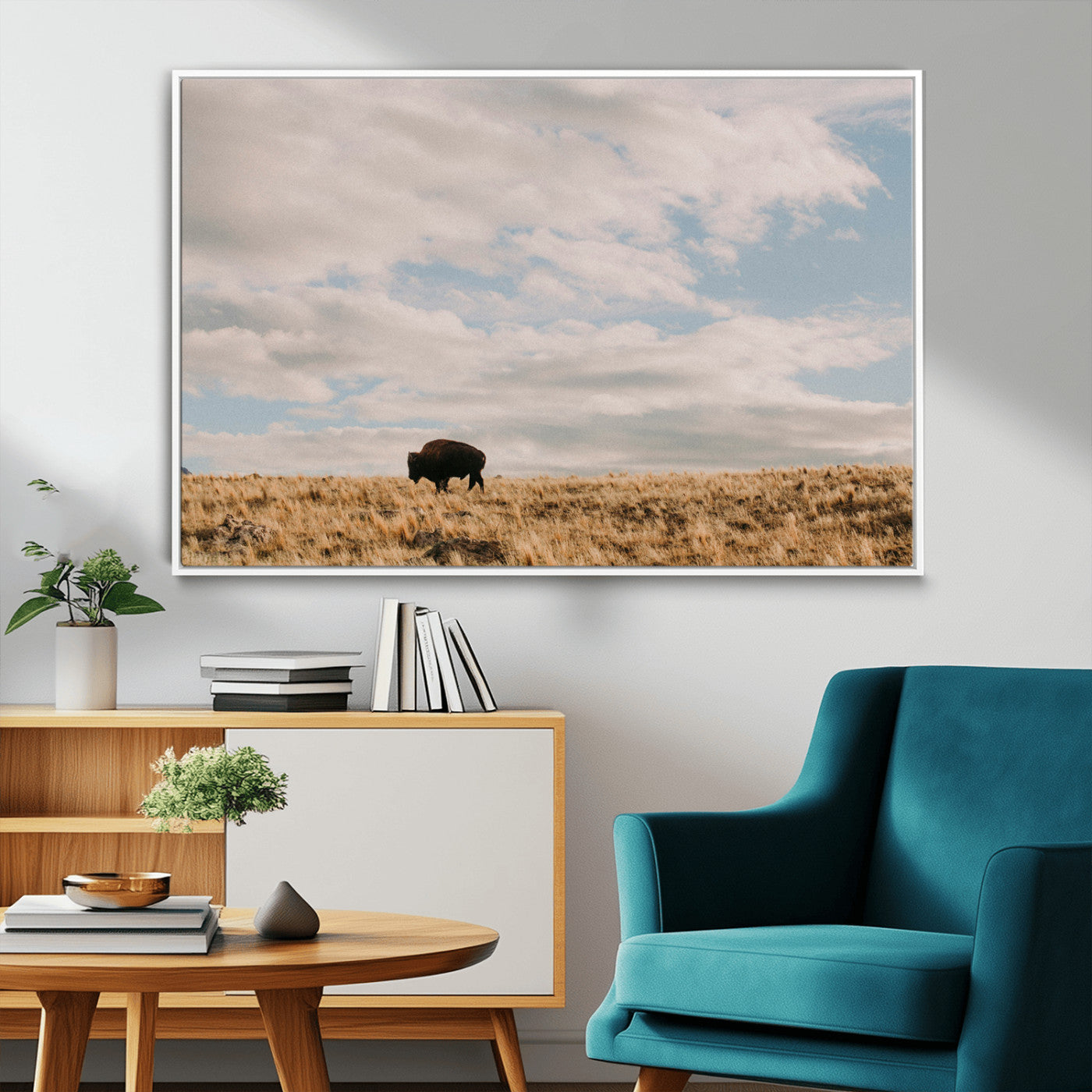22754563-MGV-FC-36X24_White-Earthy Tones Wall Art Canvas Print, Framed Rustic Nature Art Picture Print, Solitary Buffalo Perfect Western Minimalist Decor
