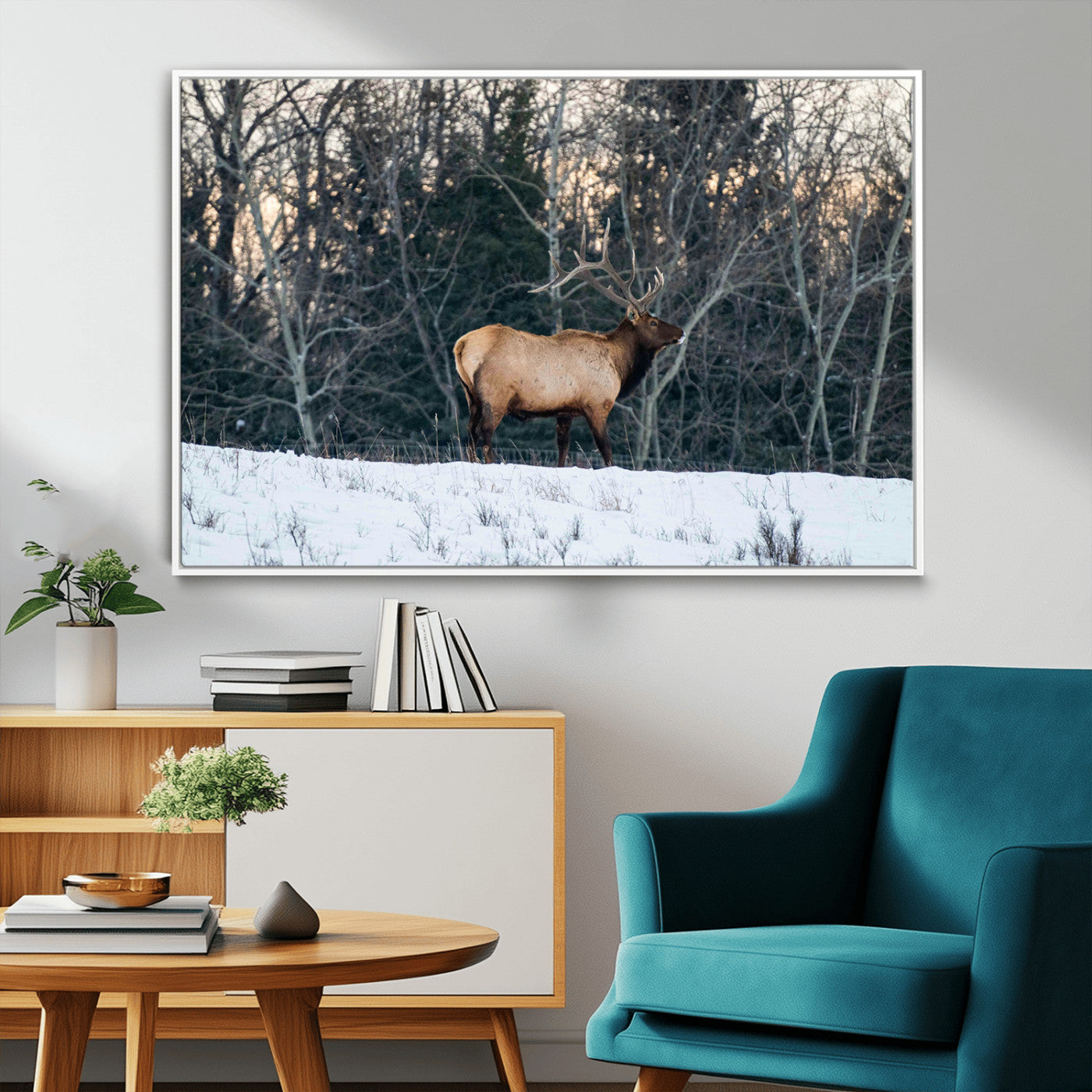 36533178-MGV-FC-36X24_White-Wild Elk Photography Wall Art Canvas Print, Framed Winter Wildlife Art Picture Print, Snowy Forest Perfect Rustic Lodge Decor